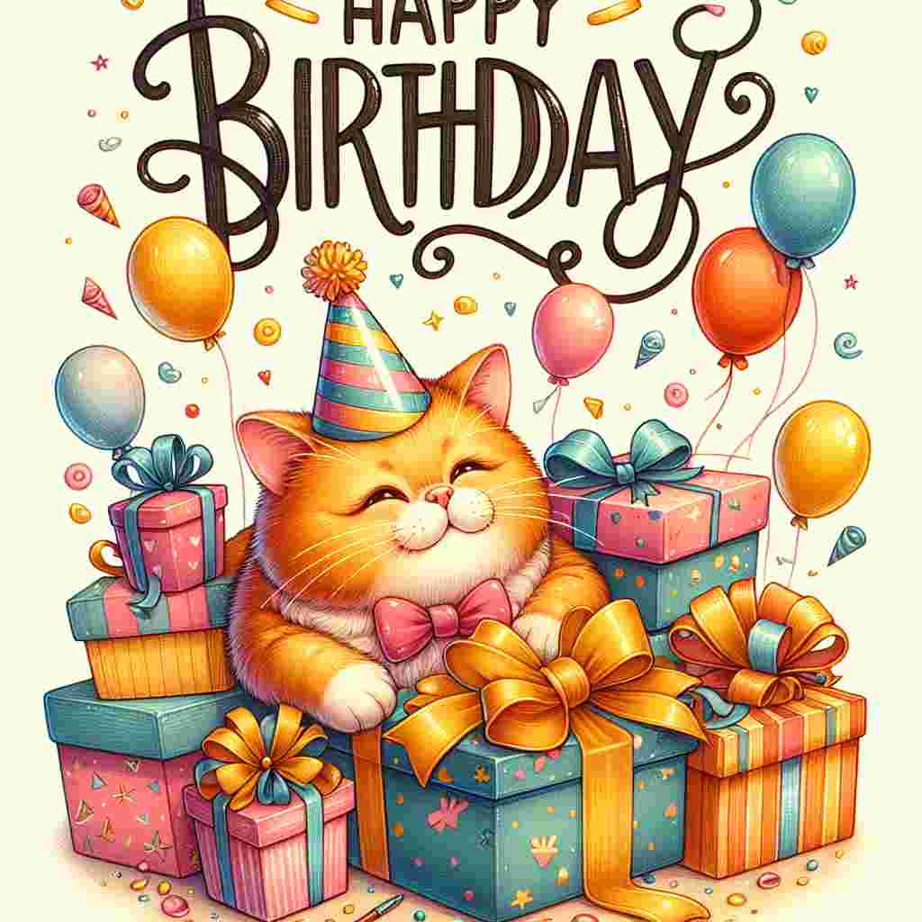 A warm and inviting birthday card illustration showcasing a plump ginger cat wearing a party hat, nestled among a pile of colorful gift boxes. The words 'Happy Birthday' are elegantly scrawled above in a cheerful font, surrounded by floating balloons and confetti.
Generated with these themes: cat  .
Made with ❤️ by AI.
