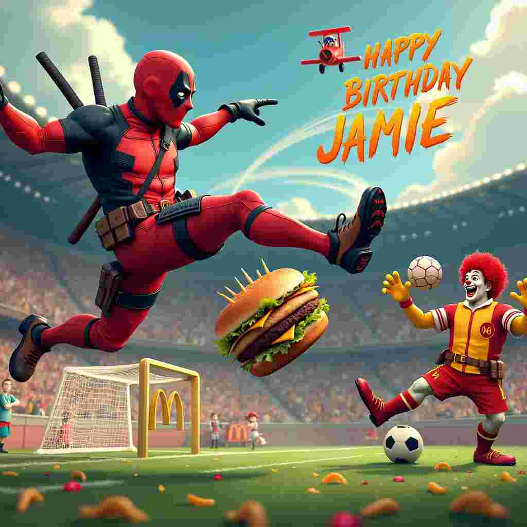 In the foreground of the scene, Deadpool is in mid-air performing an acrobatic soccer kick with a McDonald's hamburger, aiming it towards a soccer goal made entirely of French fries. He's wearing a soccer jersey with "Deadpool FC" emblazoned on it. His expression is exaggerated and humorous, capturing his typical mischievous spirit. The hamburger has a perfect blend of lettuce, tomato, cheese, and a patty peeking out, making the kick even more absurd and funny.

To the right, there’s a McDonald’s counter setup on the soccer field, complete with golden arches and a menu board. Ronald McDonald himself is the goalie, comically poised to catch the incoming hamburger while juggling a soccer ball on his nose. He’s wearing a goalkeeper's uniform but still has his trademark red wig and oversized shoes. Beside him, there’s a fry box acting as a cheering fan, holding tiny pom-poms.

In the background, the soccer stadium is filled with spectators, all characters from the Deadpool universe, like Cable and Domino, with a few McDonald's mascots like Grimace and the Hamburglar mixed in. Above the stadium, skywriting in fluffy clouds spells out "Happy Birthday Jamie 16" with a trail from a whimsical red and yellow airplane piloted by a smaller, chibi version of Deadpool giving a thumbs up.

On the sidelines, there's a birthday cake designed like a soccer ball with "Jamie 16" written in icing, surrounded by Happy Meal toys and soccer balls, hinting at Jamie's dual love for soccer and McDonald’s.

The scene is bustling with vibrant colors, rich in detail, and absurdly funny—bringing together the chaotic charm of Deadpool, the excitement of soccer, and the iconic imagery of McDonald’s, all celebrating Jamie's 16th birthday.
Generated with these themes: Deadpool, Soccer, and Mcdonalds.
Made with ❤️ by AI.