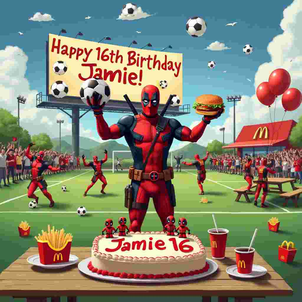 In the vibrant scene of this unique birthday card, picture Deadpool in full costume, standing triumphantly in the middle of a soccer field, holding a McDonald's Big Mac in one hand and a soccer ball in the other. The soccer field is well-manicured, with bright green grass and white lines marking the boundaries. Surrounding Deadpool are various McDonald's food items scattered across the field as if they were part of a recent, epic food fight—fries, burgers, and soft drinks lie on the ground.

Behind Deadpool, a gigantic McDonald's billboard looms, but instead of the usual advertisements, it displays a colorful banner reading "Happy 16th Birthday, Jamie!" in bold, playful letters. The banner features soccer balls and Deadpool's masks as part of the design.

Above, in the clear blue sky, fluffy white clouds spell out "Jamie 16" in a whimsical, looping script, adding a touch of magic to the scene. On the sidelines of the soccer field, cheering fans wear a mix of Deadpool costumes and soccer jerseys, some even holding up McDonald's Happy Meal boxes as makeshift megaphones.

To the right of Deadpool, there's a large birthday cake on a picnic table, decorated with soccer ball patterns and topped with mini Deadpool figurines. The cake also prominently features "Jamie 16" written in red icing. Balloons in the colors of red and yellow (reminiscent of McDonald's branding) float above the table, some tied to chairs and others freely drifting toward the sky.

In the background, a McDonald's restaurant is visible with its iconic golden arches, where more guests are seen enjoying the festivities, some kicking soccer balls around, while others pose for pictures with a Deadpool mascot.

This lively and detailed scene blends the themes of Deadpool, soccer, and McDonald's seamlessly, making for an unforgettable and humorous birthday greeting card for Jamie's 16th birthday.
Generated with these themes: Deadpool, Soccer, and Mcdonalds.
Made with ❤️ by AI.