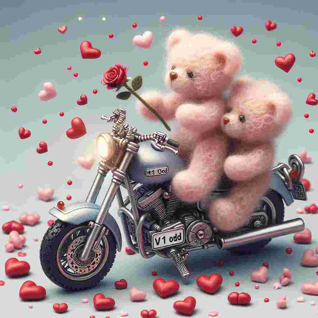 Create an endearing illustration for a holiday celebrating love, showcasing two fluffy teddy bears perched on a tiny, detailed motorcycle. The vehicle's plate reads 'V1 ODD' and is clearly visible. The bears are immersed in a storm of red and pink symbolic hearts, and one of them is tenderly extending a soft paw to present a solitary rose. The delicacy of the bike's design contrasts beautifully with the pudgy, soft figures of the teddy bears, crafting a combination of playfulness and romance.
Generated with these themes: Harley Davidson motorcycles registration V1 ODD.
Made with ❤️ by AI.
