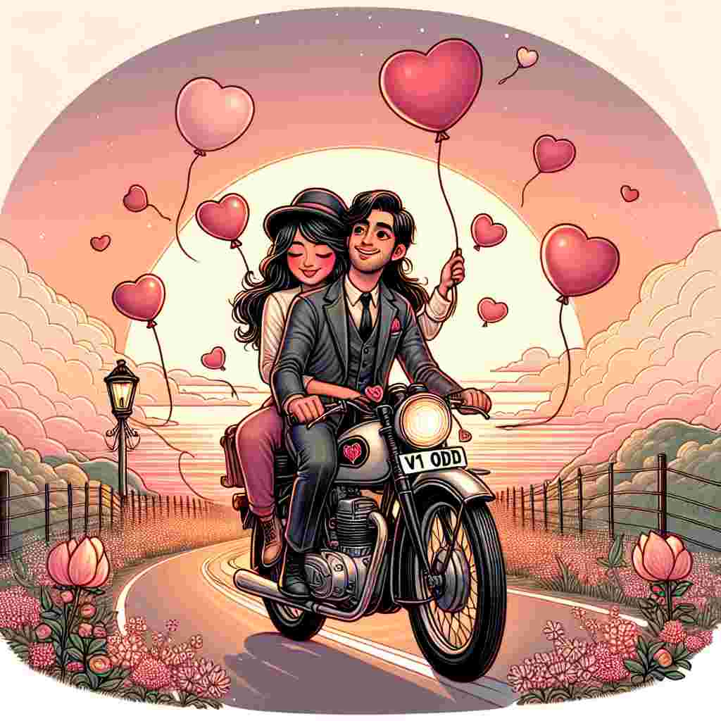 An illustration themed around Valentine's Day, representing a delightful couple of mixed descents, a Hispanic male and South Asian female, cherishing a sunset journey on an old-fashioned, not branded motorcycle with the license plate 'V1 ODD'. They are travelling down a serpentine route adorned with heart-shaped balloons and fragile flowers suggesting the romance in the air. Hearts lightly bobbing in the breeze signify the love and bond shared between the cheerful riders. The charming, pastel-hued sky in the backdrop casts a romantic luminescence across the entire tableau.
Generated with these themes: Harley Davidson motorcycles registration V1 ODD.
Made with ❤️ by AI.
