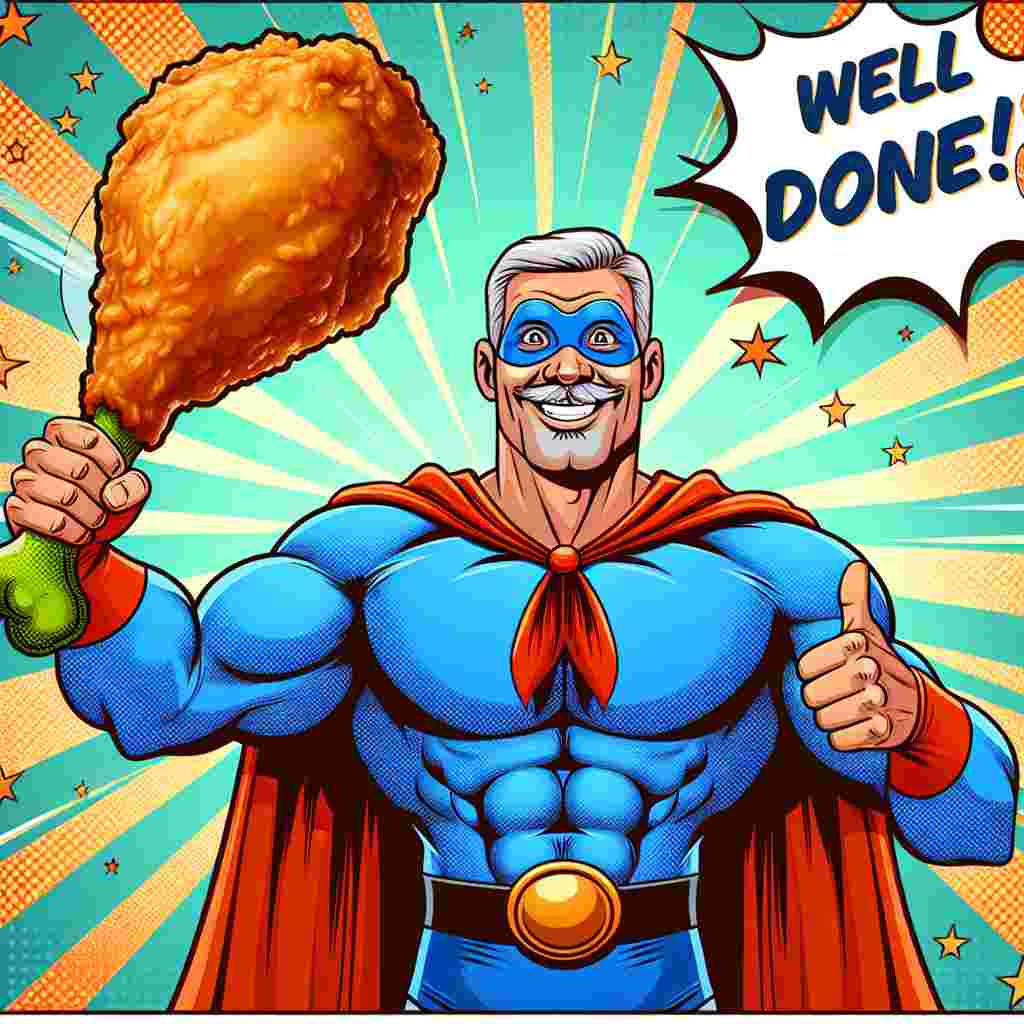 Imagining a light-hearted and whimsical animation, a caped superhero with exaggerated muscles and a cheerful grin is depicted. He is hoisting a gigantic chicken drumstick aloft as if it were a trophy, while his other hand gives a comical thumbs-up. The background sparkles with bursts of various colors and popping comic-style exclamations of 'Well Done!' and 'You Did It!' contribute to the congratulatory tone, celebrating a notable achievement as our optimistic character enjoys his unlikely feast.
Generated with these themes: Superman eating chicken.
Made with ❤️ by AI.