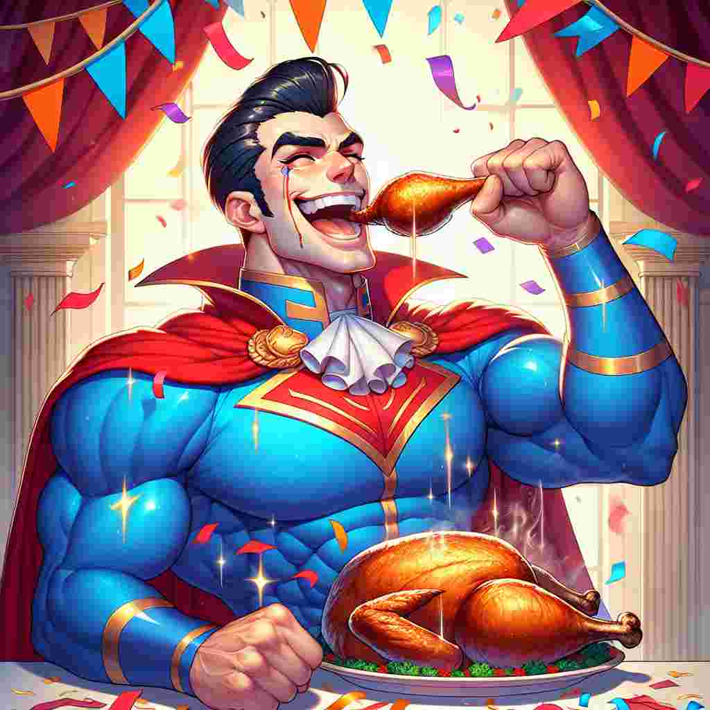 A celebratory scene with a joyful, muscular character with slicked-back dark hair, wearing a bright blue outfit with a red cape seated at a festive table. The character, often seen as a symbol of bravery and strength, takes a hearty bite from a perfectly roasted chicken leg. His eye twinkles with glee, his broad smile lights up the room. Streams of confetti fall down around him. A vibrant banner with the word 'Congratulations!' arches overhead. The atmosphere of the illustration highlights the immense pride and joy in recognizing someone's extraordinary achievement.
Generated with these themes: Superman eating chicken.
Made with ❤️ by AI.