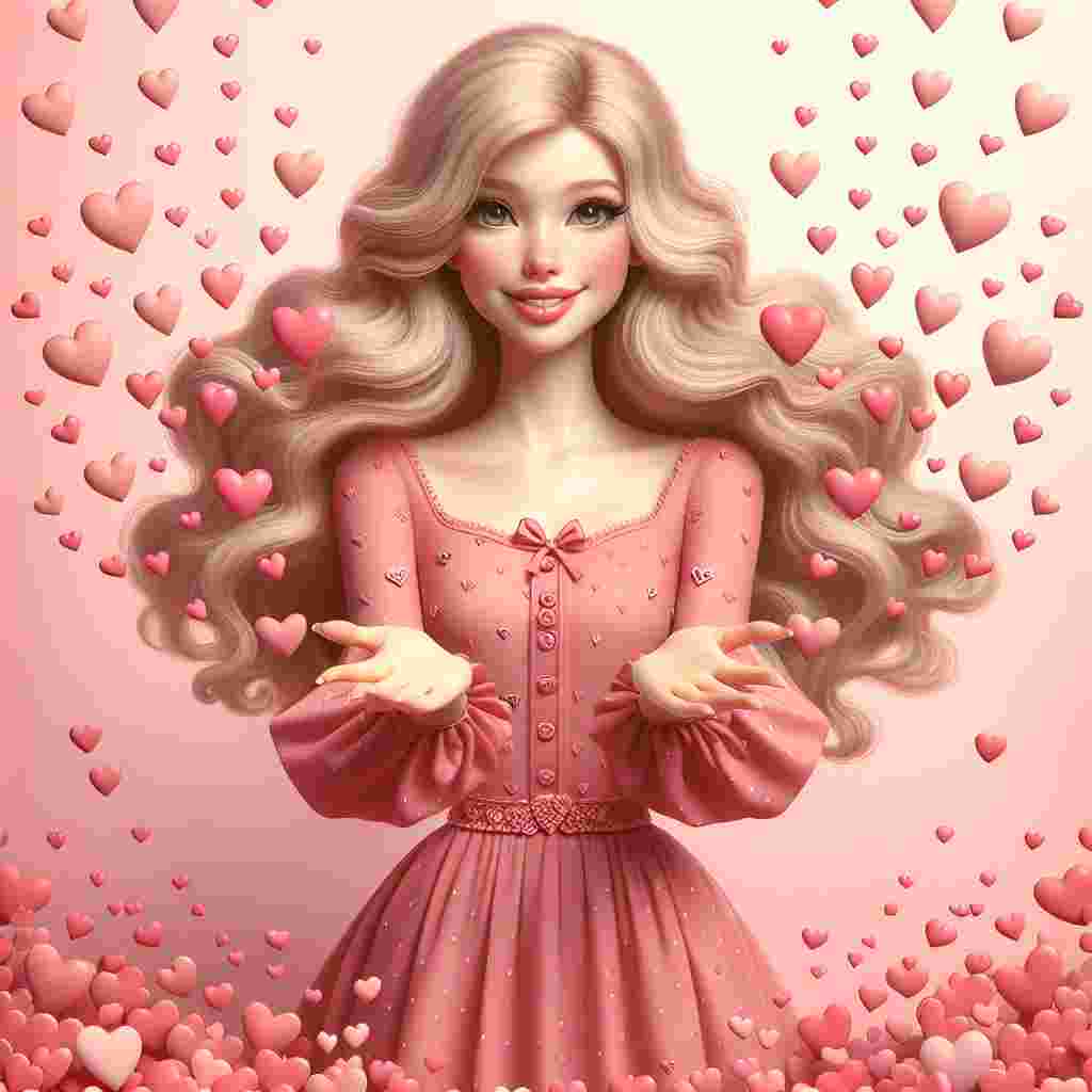 The image center is occupied by a slender lady with flowing, blonde hair. She is seen in a field of pink hearts emerging from her open palms. Her attire is a fun, pink frock decorated with small Valentine-themed patterns like petite bows and buttons shaped like hearts. The backdrop is gently transitioning from one shade of blush to another, contributing to the amorous mood, while the lady's warm smile encapsulates the sentiment of love and fondness typically associated with Valentine's Day.
Generated with these themes: Barbie, and Pink.
Made with ❤️ by AI.