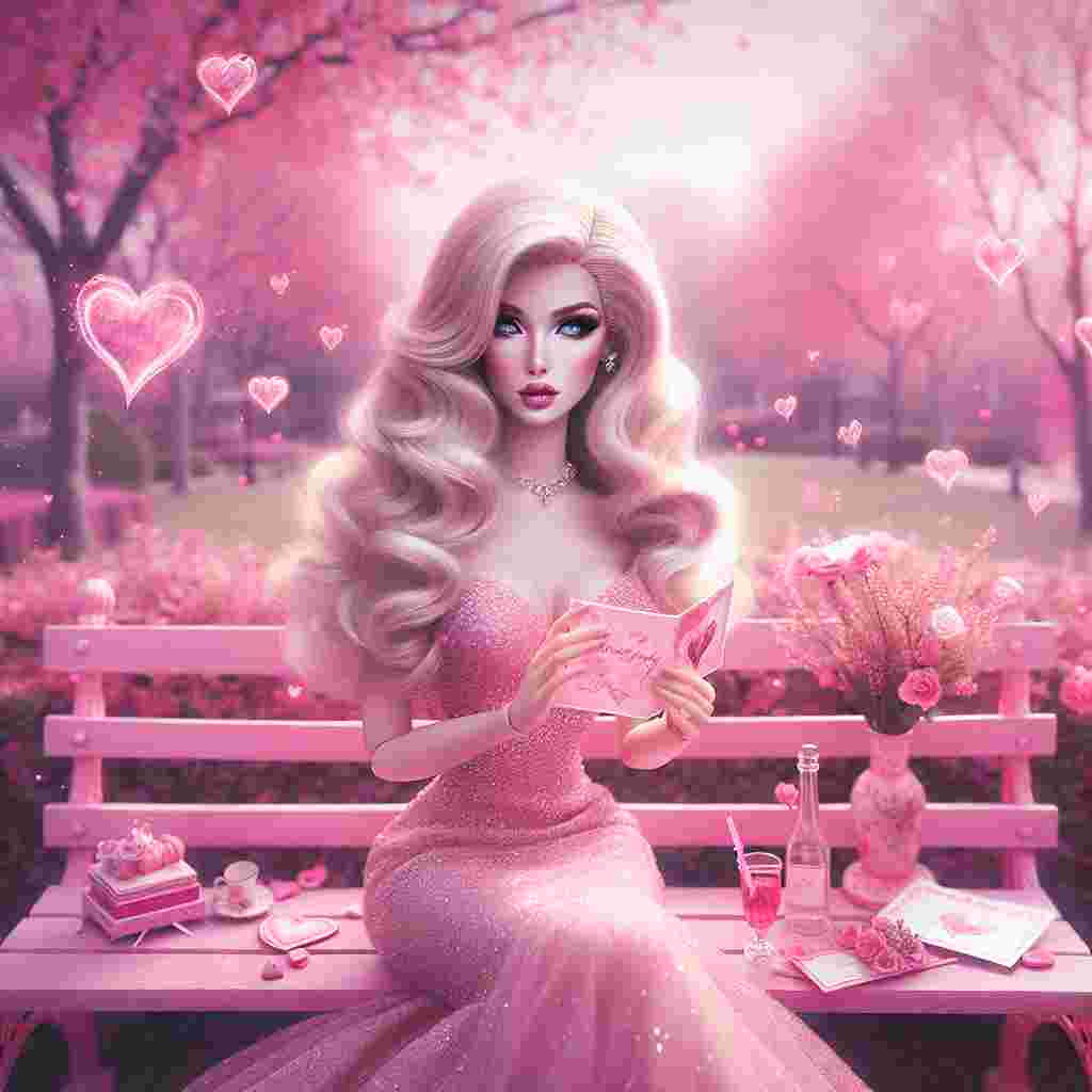 In this enticing scene, a blonde lady with doll-like features is perched on a pink bench, a Valentine card held delicately in her hands. The park around her is awash in a rosy hue. Pink trees and flowers, kissed by the soft light, lend the setting a dreamy aspect. A flurry of whimsically illustrated pink hearts dances around her, adding a layer of magic to the scene. She's outfitted in a classic, sparkling pink gown, a perfect ensemble for a Valentine's Day-themed setting.
Generated with these themes: Barbie, and Pink.
Made with ❤️ by AI.