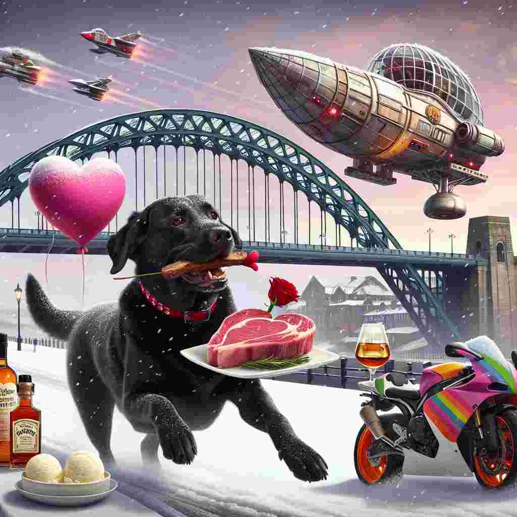 The scene takes place on Valentine's Day with soft snowflakes drifting down over the Tyne Bridge. Celebrating the day, a joyous black Labrador excitedly motors a colorful sports motorcycle. In a nod to romance, the Labrador carries behind him a gift of a heart-shaped steak, prepared to perfection and a bottle of high-grade whiskey along with a bowl of vanilla ice cream. Adding to the extraordinary ambiance in the sky above, an imaginative spaceship inspired by the concept of interstellar flights knots the romantic and whimsical atmosphere into a harmonious fantasy. The entire image exudes an adventurous, warm, and whimsical romantic sentiment, marrying classic Valentine's motifs with a distinct twist.
Generated with these themes: Black Labrador riding a sports motorbike, Tyne bridge, Heart shaped steak, Whiskey, Romantic, Snow, Vanilla ice cream, and Star Wars X Wing.
Made with ❤️ by AI.