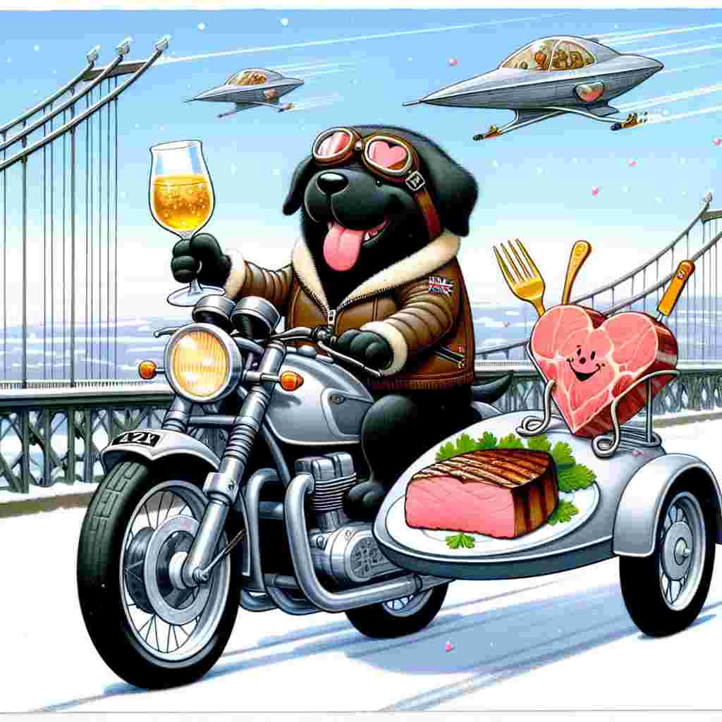 A whimsical illustration for a love-themed holiday showcases a cheerful black Labrador clad in a biker jacket and goggles, passing over a bridge renowned for its beauty on a sleek sports motorbike. The motorbike has an attached sidecar, which carries a heart-shaped steak, a glass filled with a golden liquid spirit, and a helping of creamy dessert, adorably mingling sentiments of love with a touch of escapade. The scene takes place under a lightly snowy sky with a distinctive, futuristic spaceship resembling a flying cross flying in the sky, presenting an unexpected blend of affection and fan culture.
Generated with these themes: Black Labrador riding a sports motorbike, Tyne bridge, Heart shaped steak, Whiskey, Romantic, Snow, Vanilla ice cream, and Star Wars X Wing.
Made with ❤️ by AI.
