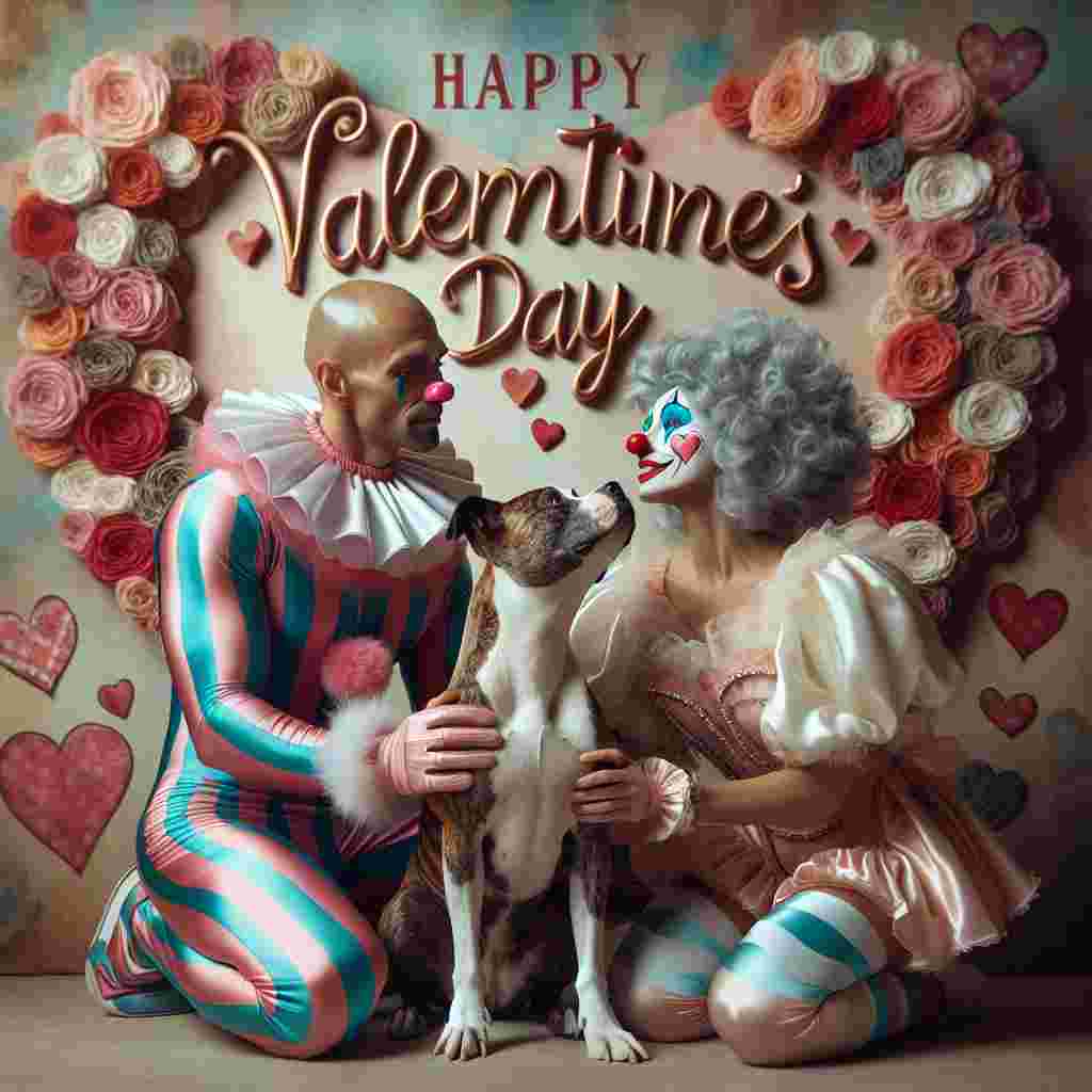 Imagine an abstract Valentine's Day backdrop creating the perfect scene for a Caucasian male clown with a shiny bald head and a Hispanic female clown with flowing grey straight hair. Both are wearing pastel costumes adorned with hearts. In the middle of the composition, a brindle and white Staffordshire bull terrier is sitting, looking up at the clowns with evident affection. The clowns are caught in a tender embrace, perfectly encapsulating the theme of love. Above them, the words 'Happy Valentine's Day' float in an elegant, whimsical script. The atmosphere is cheerful and the colors are soft but festive, creating a warm and lively Valentine's tableau.
Generated with these themes: Bald male clown, Grey straight haired female clown, Brindle and white staffordshire bull terrier , Happy valentines day , and Love.
Made with ❤️ by AI.