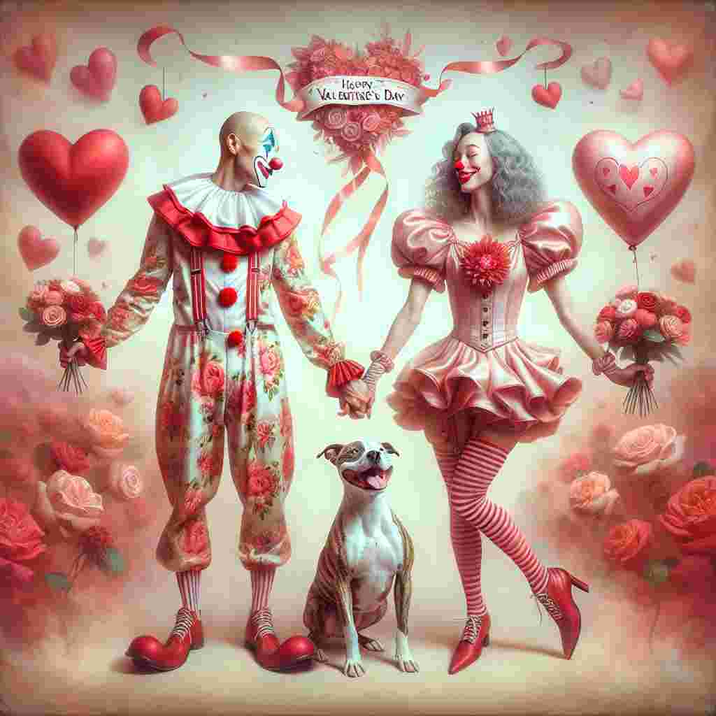 A playful scene themed on Valentine's Day is presented. It stars a bald Caucasian male clown and a grey straight-haired Hispanic female clown, both dressed in endearingly humorous costumes flowering with intense shades of red and pink. Joined by their hands, their faces looking serene and heartfelt, they are placed against a soft hazy background strewn with abstract designs suggestive of hearts and romantic notes. A brindle and white Staffordshire bull terrier is seen at their feet. Its tail wags jubilantly, infusing the setting with more warmth. Above their heads hovers an amusing ribbon banner lettered with 'Happy Valentine's Day'. Overall, the ambiance is filled with light-hearted love.
Generated with these themes: Bald male clown, Grey straight haired female clown, Brindle and white staffordshire bull terrier , Happy valentines day , and Love.
Made with ❤️ by AI.