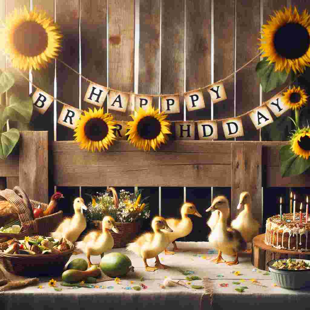 A playful farm scene with a quaint wooden fence framing the foreground, where a trio of ducklings waddle towards a festive gathering. At the farm’s heart, a 'Happy Birthday' sign is strung between two tall sunflowers, casting a warm glow over the animals and farm-fresh birthday spread beneath.
Generated with these themes: farm  .
Made with ❤️ by AI.