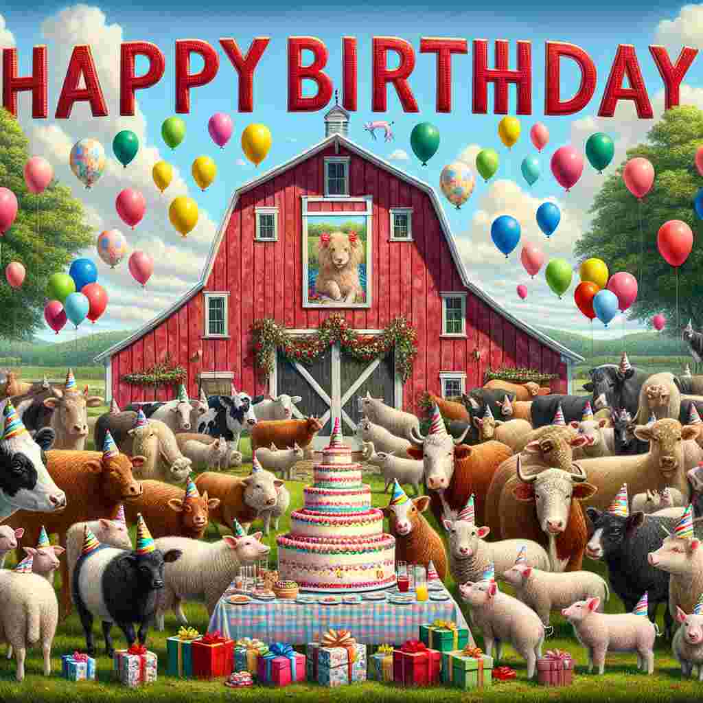 A charming countryside scene dotted with friendly farm animals, each donning tiny party hats. In the center, a large red barn serves as the backdrop to a festive table laden with a cake and gifts. Above, colorful balloons sway and the cheerful words 'Happy Birthday' are written in playful, bold letters in the sky.
Generated with these themes: farm  .
Made with ❤️ by AI.