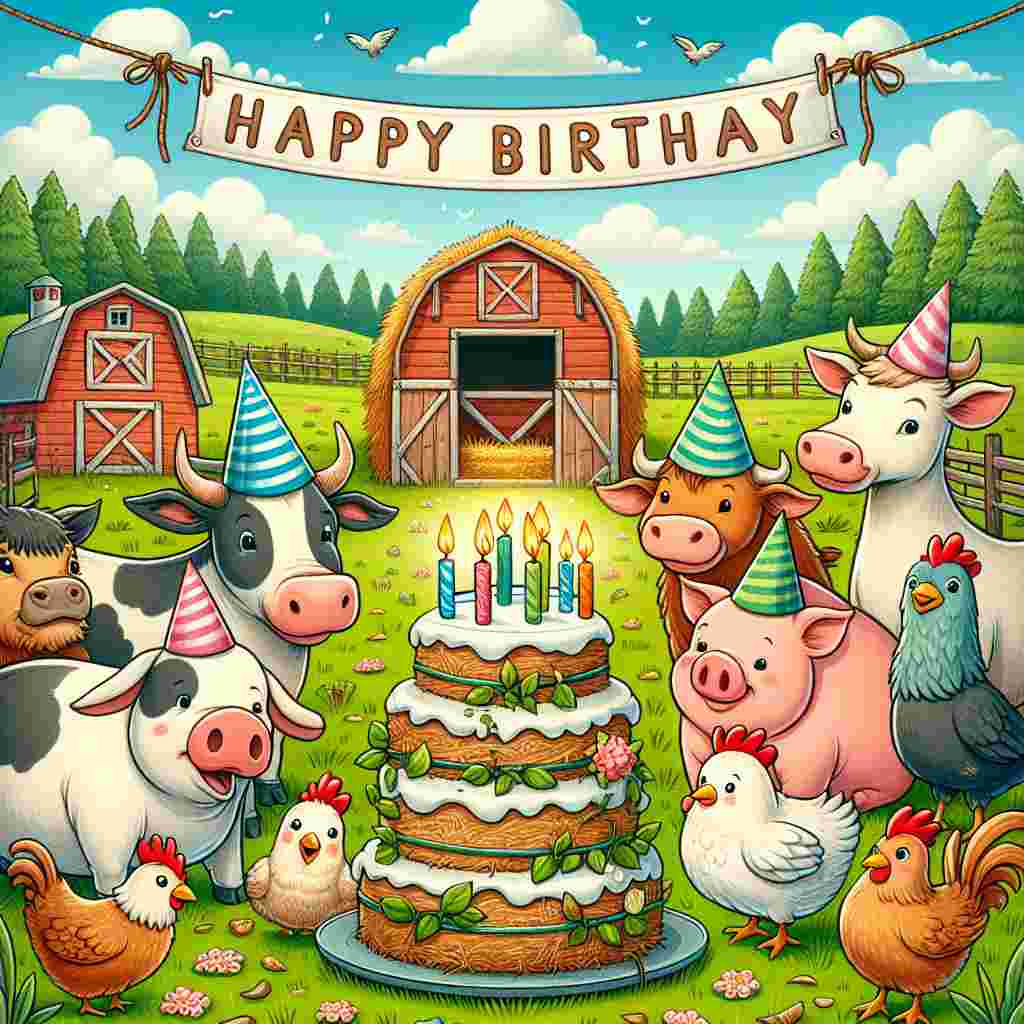 An adorable illustration featuring a group of farm animals gathered around a hay bale cake topped with candles. A pig, a cow, and a chicken are wearing party hats and a banner above the farm reads 'Happy Birthday'. The farm's green pastures and blue skies create a delightful birthday atmosphere.
Generated with these themes: farm  .
Made with ❤️ by AI.