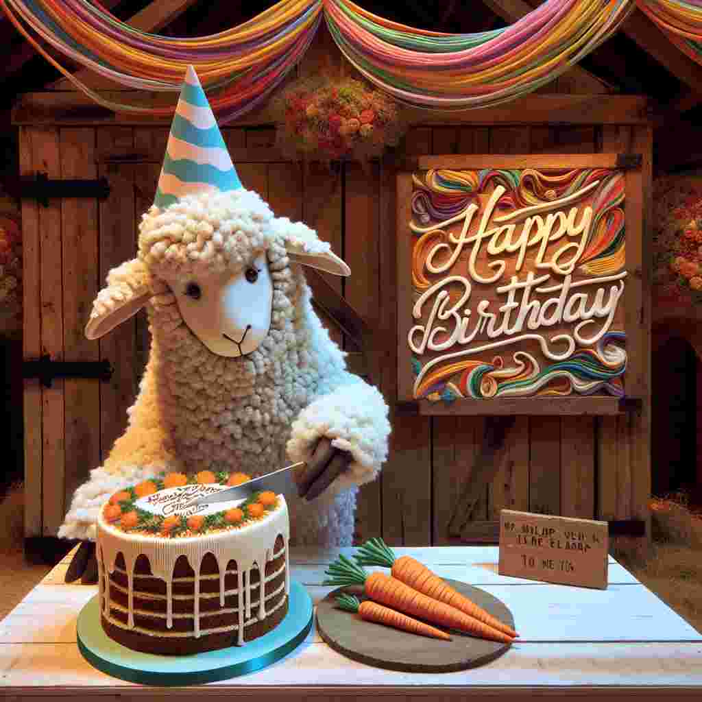 A whimsical portrayal of a farm with a twist, where the animals are throwing a surprise birthday party. A sheep wearing a party hat is about to cut a carrot cake with 'Happy Birthday' iced on top. In the background, a barn is decorated with streamers and a sign with the birthday greeting hangs from the barn's loft.
Generated with these themes: farm  .
Made with ❤️ by AI.