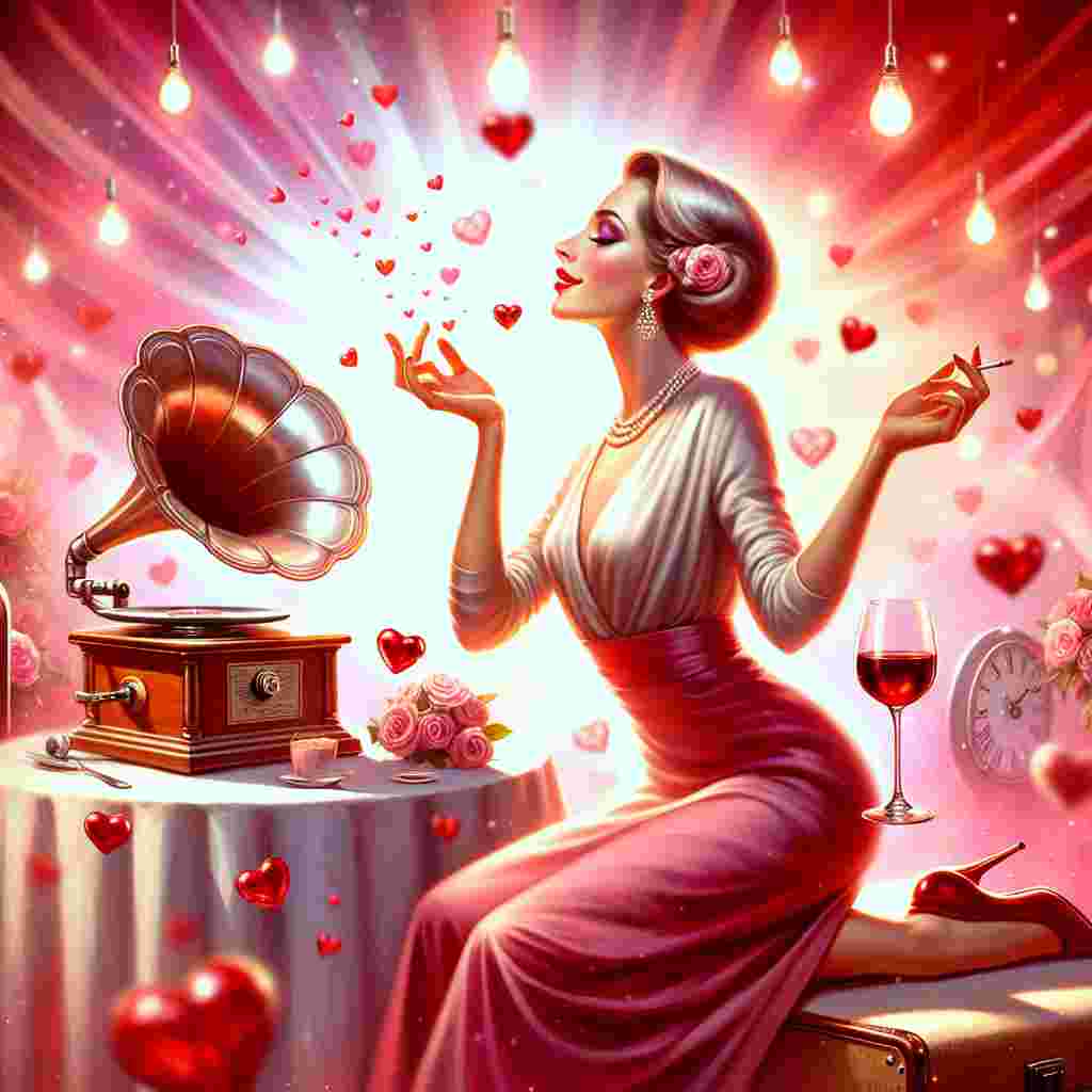 Create an image capturing the essence of Valentine's Day. The scene is lively with the viewer in the center, engrossed in a dance. The background is radiant with hues of pink and red. The central figure is elegantly portrayed with subtle makeup enhancing their joy, and a glass of red wine is positioned nearby for added sophistication. Small, romantic kisses flutter around, symbolizing love and affection. The attire blends classic charm with the festivities. A vintage gramophone is playing a gentle tune, setting the rhythm for the dance. A small table holds a steaming mug of morning coffee, suggesting the start of a day filled with love and energy.
Generated with these themes: Me, Dancing, Wine, Makeup,  kisses, Fashion, Music, and Morning coffee.
Made with ❤️ by AI.