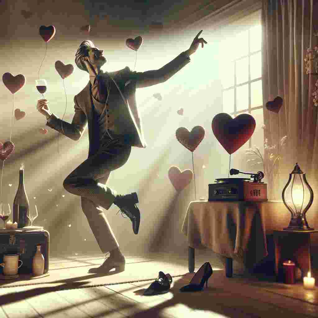 A charming image capturing the spirit of Valentine's Day, featuring an individual passionately dancing amidst symbols of amour. This scene is set within a snug room bathed in gentle dawn light, alluding to the morning coffee that kick starts the day. The person, dressed in stylish and current fashion, dances with elegance and panache, embodying the epitome of fashion. Subdued makeup paints their face with gaiety, as they are delightfully immersed in the dance. Nearby, a container of exquisite wine and an unfilled glass hint at a celebration night, while hearts and smooches of assorted measures float in the ambience, conjuring a feeling of warmth and affection. In one corner, an antiquated vinyl player with an old-time record revolves, contributing to the melodious rhythm and finalizing the Valentine's theme.
Generated with these themes: Me, Dancing, Wine, Makeup,  kisses, Fashion, Music, and Morning coffee.
Made with ❤️ by AI.