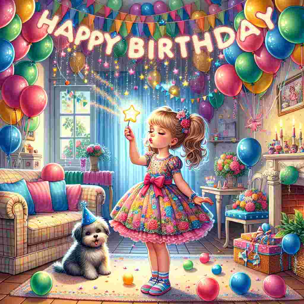 An illustration set in a cozy room filled with balloons and streamers. The birthday girl, adorned in a festive party dress, is in the middle of making a wish on a star-shaped wand. 'Happy Birthday' is etched in sparkles above her, and the family pet, wearing a party hat, sits loyally by her side.
Generated with these themes: daughter  .
Made with ❤️ by AI.