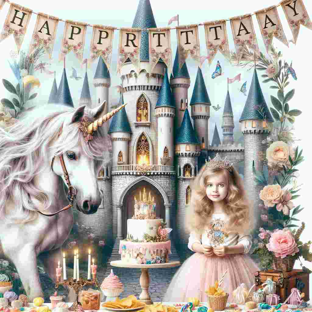 A whimsical drawing featuring a daughter dressed as a princess, standing in front of a fantasy castle. A ribboned banner with 'Happy Birthday' is draped across the turret. The foreground shows a magical unicorn and a spread of her favorite snacks and a beautifully decorated cake.
Generated with these themes: daughter  .
Made with ❤️ by AI.