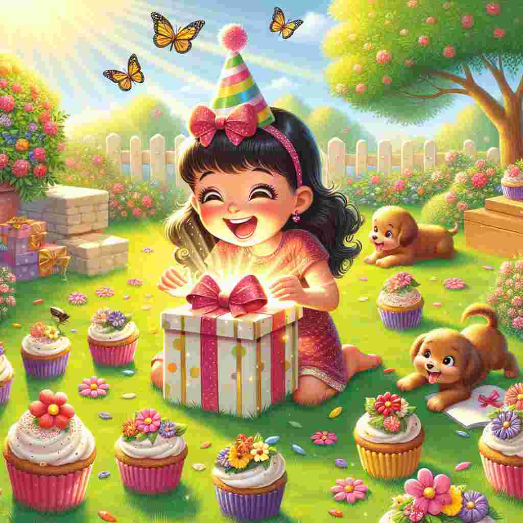 The scene is a garden picnic with a banner that reads 'Happy Birthday'. In the center, there's a delighted daughter wearing a party hat, unwrapping a gift. The background shows a bright sun, playful puppies, and butterflies fluttering around flower-topped cupcakes scattered throughout the grass.
Generated with these themes: daughter  .
Made with ❤️ by AI.