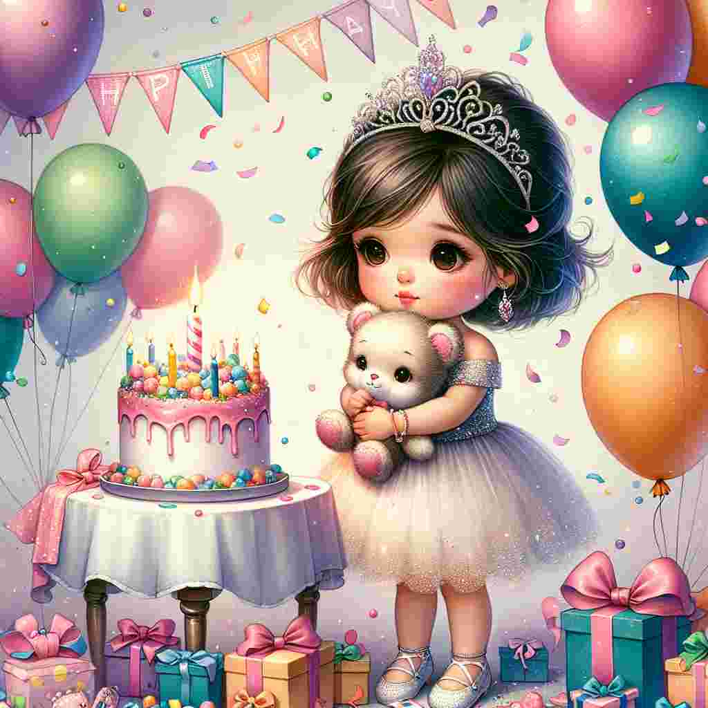 A quaint illustration depicting a little girl with a tiara, surrounded by balloons and confetti. She's holding a stuffed animal, with a big banner overhead that says 'Happy Birthday'. Colorful presents are scattered around her feet, and a small cake sits on a table beside her with a single lit candle.
Generated with these themes: daughter  .
Made with ❤️ by AI.