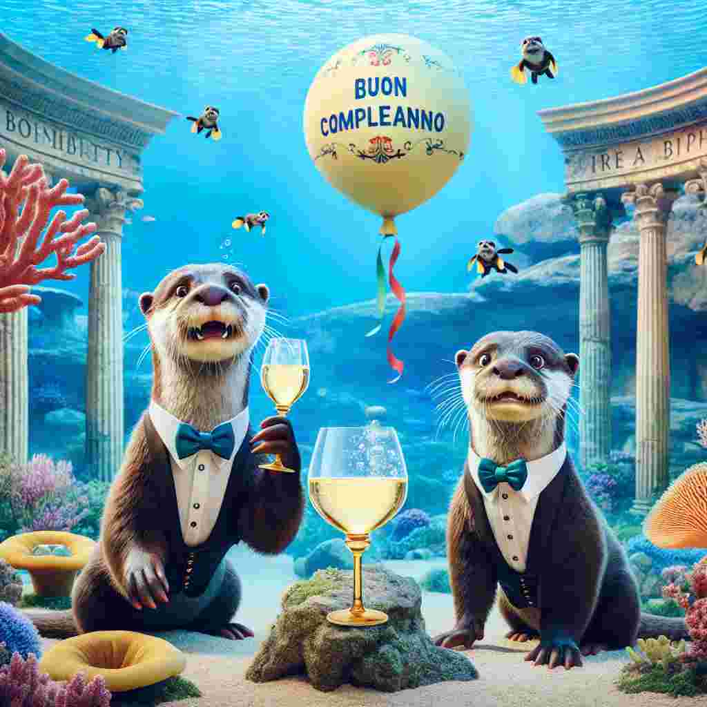 Picture an enchanted undersea celebration taking place off a scenic coastal area. This setting is adorned with coral and ancient columns reminiscent of the Roman era. In this environment, animated otters wearing stylish bow ties are swimming. These creatures are making a toast with wine glasses filled with an enchanting effervescent elixir. This beverage has a fascinating effect, it empowers the otters to sing the song 'Happy Birthday' in harmonious Italian. Above this underwater spectacle, there's a whimsical balloon shaped like Italy. Suspended from this balloon, a banner displaying the words 'Buon Compleanno' floats, contributing to the merry birthday scene amid the marine grandeur.
Generated with these themes: Italy, Otters, and Wine.
Made with ❤️ by AI.