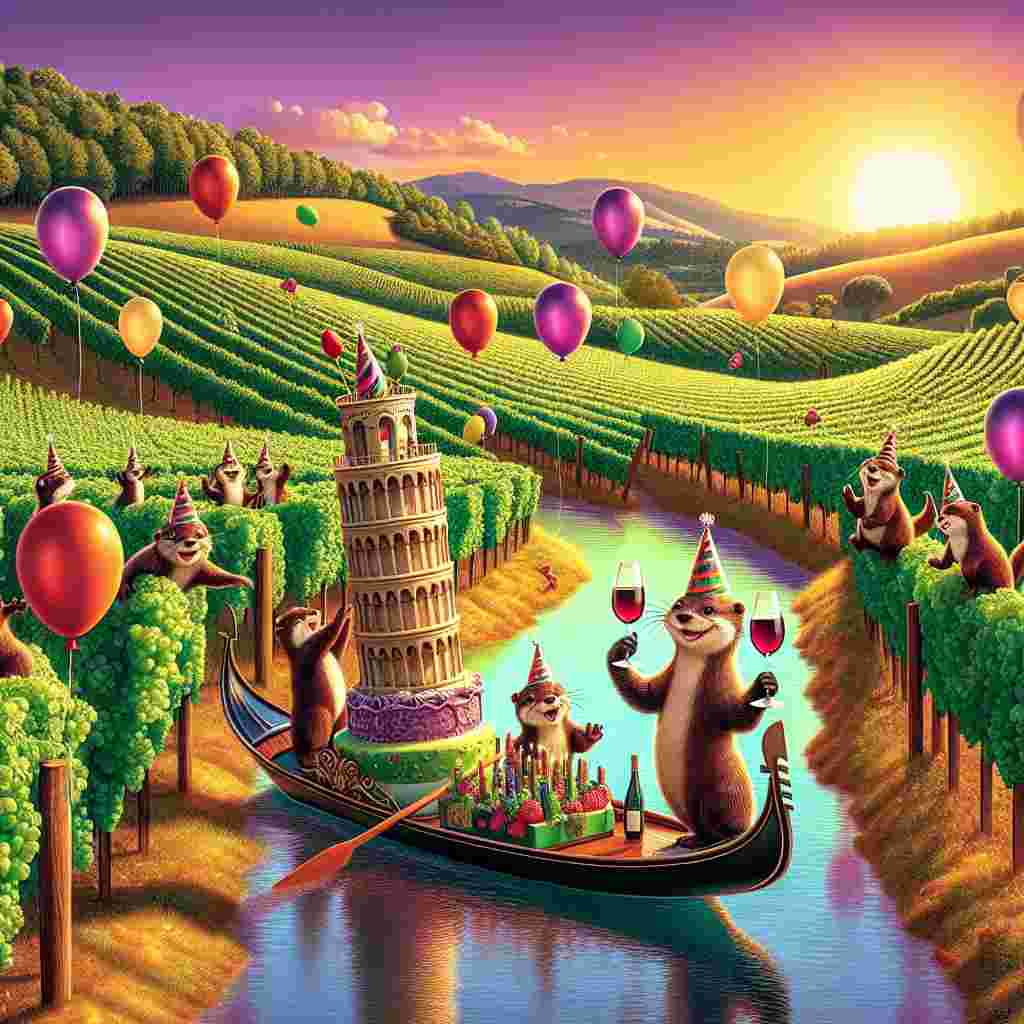 Imagine a surreal cartoon birthday party set in an enchanting Italian vineyard. As the sun sets over gently rolling Tuscan hills, the landscape bathes in a golden glow, adding to the celebratory atmosphere. Enthusiastic otters adorned with gleeful birthday hats play among the lush grapevines, clinking their delicate glasses filled with sparkling wine. Unusually, an otter-sized gondola smoothly navigates a winding river of rich red Chianti. At the center of the gondola, there's a birthday cake intricately emulating the Leaning Tower of Pisa. Lively balloons of assorted hues, reminiscent of vibrant Italian gelato, bring a pop of color to the scene.
Generated with these themes: Italy, Otters, and Wine.
Made with ❤️ by AI.