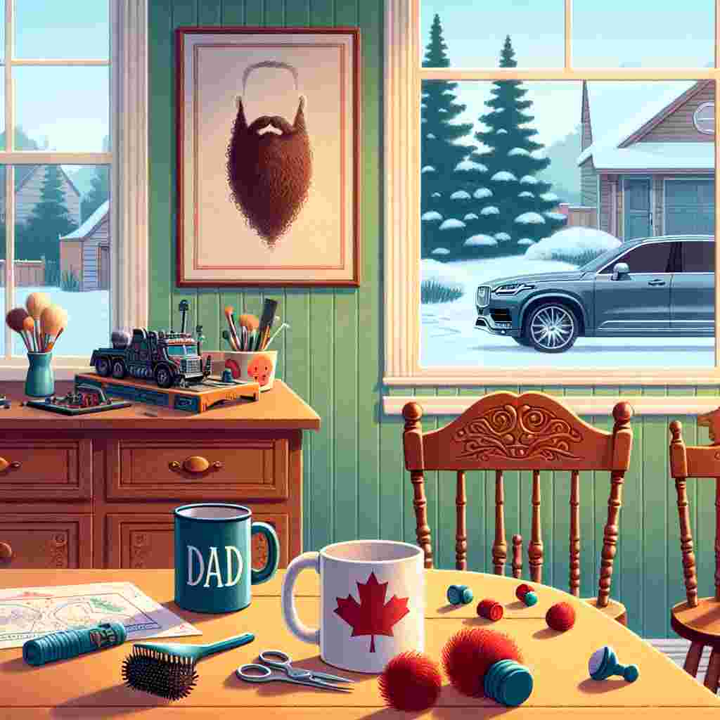 Create a heartwarming illustration of a Father's Day theme, set in a cozy family room located in Canada. The room is empty but filled with telltale signs of a loving family. A mug with 'Dad' written on it rests next to a Warhammer game setup, providing hints about the recently seated bearded man. Through the window, one can view a shiny Volvo parked outside. Around the room, one can spot four little chairs, each hinting at the presence of a child. One chair shows an impression of tiny curly hair, another has straight hair marks, a third chair is adorned with red curly hair strands, and the smallest chair has a baby's bib casually draped over it, suggesting a baby boy in the family.
Generated with these themes: Dad with a beard with a volvo, 2 sons one with curly hair one with straight , One daughter with red curly hair, One baby son, Warhammer, and Based in Canada .
Made with ❤️ by AI.