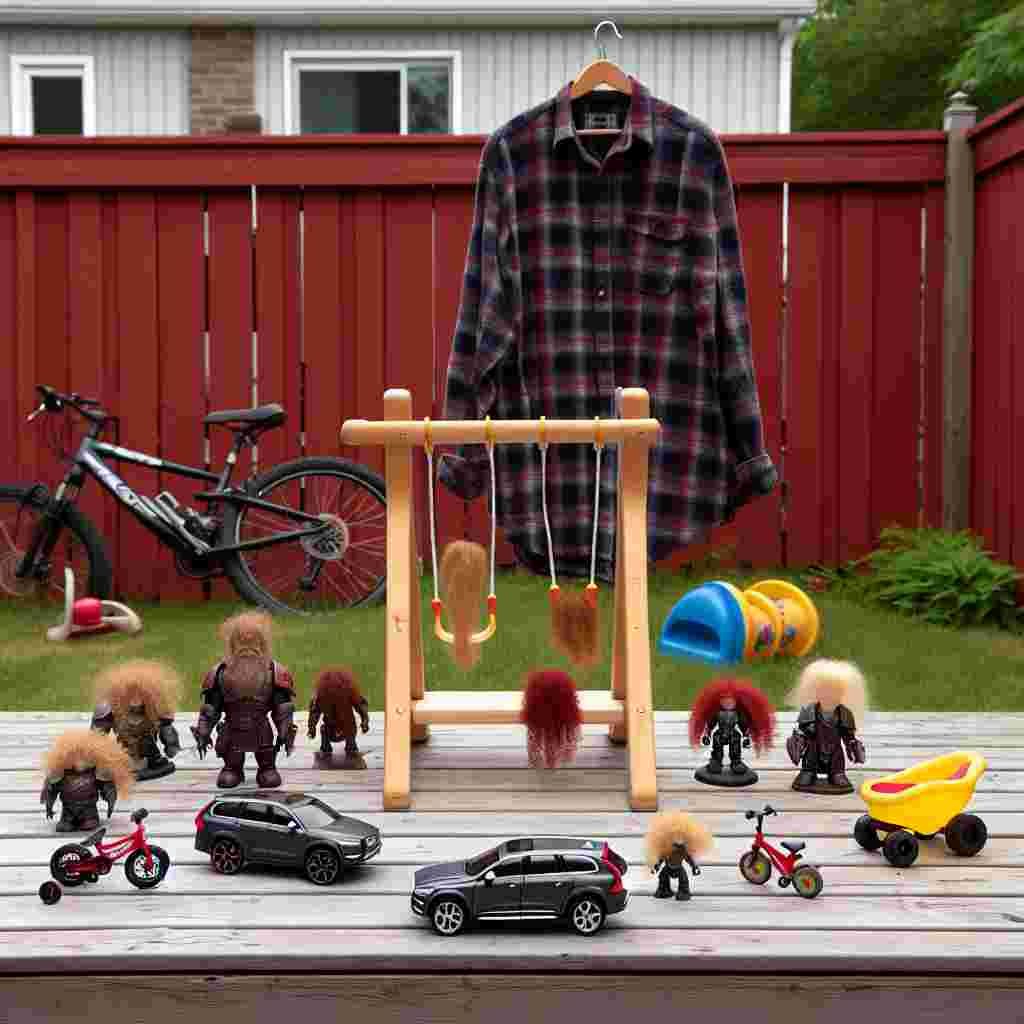 Create a quaint suburban backyard scene situated in Canada, celebrating Father's Day, void of human presence. There's a small wooden playset in the center, where a large flannel shirt gently hangs on one of the swings to denote an imagined robust, bearded father figure. At close proximity to the playset is a small plastic toy resembling a Volvo car, playfully illustrating the family's actual car, in a delightful manner. A variation of three bikes, each adorned with tiny hair-like stripes reflecting different hair textures - curly, straight, and vibrant red curls, respectively, lean against the wooden fence. Beside them rests a baby tricycle. A miniature figurine of a fictional Fantasy genre warrior, protective of the bikes, infers the father's interest in the Warhammer board game.
Generated with these themes: Dad with a beard with a volvo, 2 sons one with curly hair one with straight , One daughter with red curly hair, One baby son, Warhammer, and Based in Canada .
Made with ❤️ by AI.