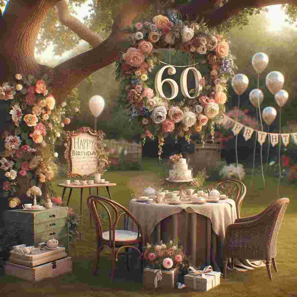 A delightful scene depicting a garden party with '60th' stylishly integrated into a floral garland that hangs above. Cozy garden chairs and a table set for tea create an inviting atmosphere. In the background, balloons float gently, and the phrase 'Happy Birthday' is displayed on a hand-painted sign resting against an old oak tree.
Generated with these themes: 60th   for her.
Made with ❤️ by AI.