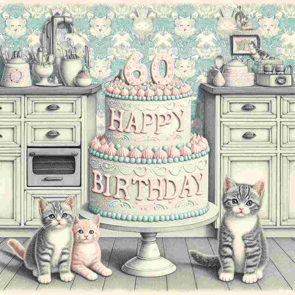 An adorable illustration of a vintage kitchen, with '60th' subtly incorporated into the wallpaper pattern. In the foreground, a nostalgic three-tiered birthday cake with pastel frosting takes center stage, and the message 'Happy Birthday' is spelled out in icing letters on the cake's top tier, surrounded by a gathering of kittens wearing party hats.
Generated with these themes: 60th   for her.
Made with ❤️ by AI.