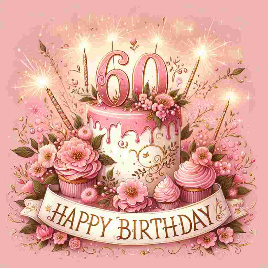 A charming illustration showcasing a pink and gold color scheme with '60th' emblazoned in elegant script on a banner. The scene features a whimsical birthday cake topped with sparklers, surrounded by a scatter of cupcakes, all adorned with delicate icing flowers. 'Happy Birthday' is neatly calligraphed in the center, enveloped by a floral wreath.
Generated with these themes: 60th   for her.
Made with ❤️ by AI.
