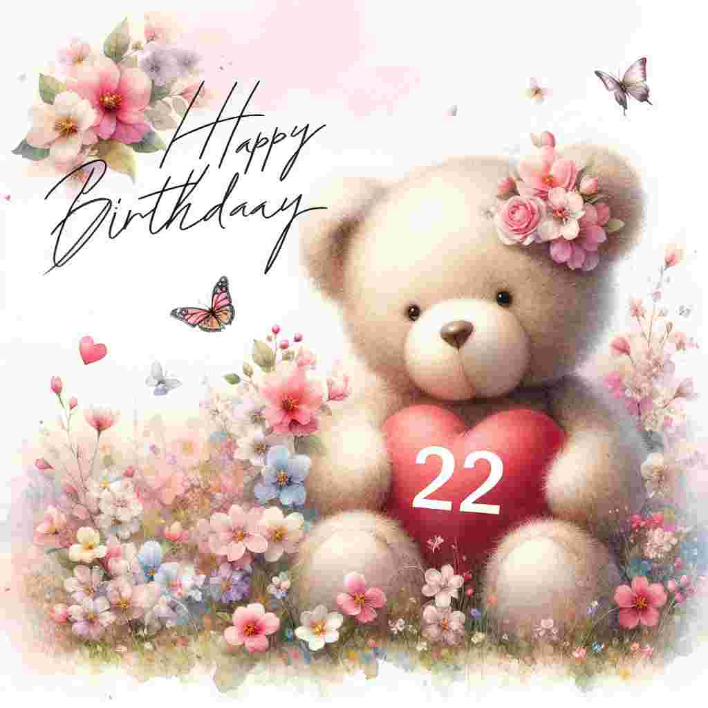 A soft watercolor painting showcasing a teddy bear holding a heart with '22' written on it, sitting atop a flowery field. Butterflies flutter around and a banner flutters above with the 'Happy Birthday' inscription in elegant cursive.
Generated with these themes: 22th  .
Made with ❤️ by AI.