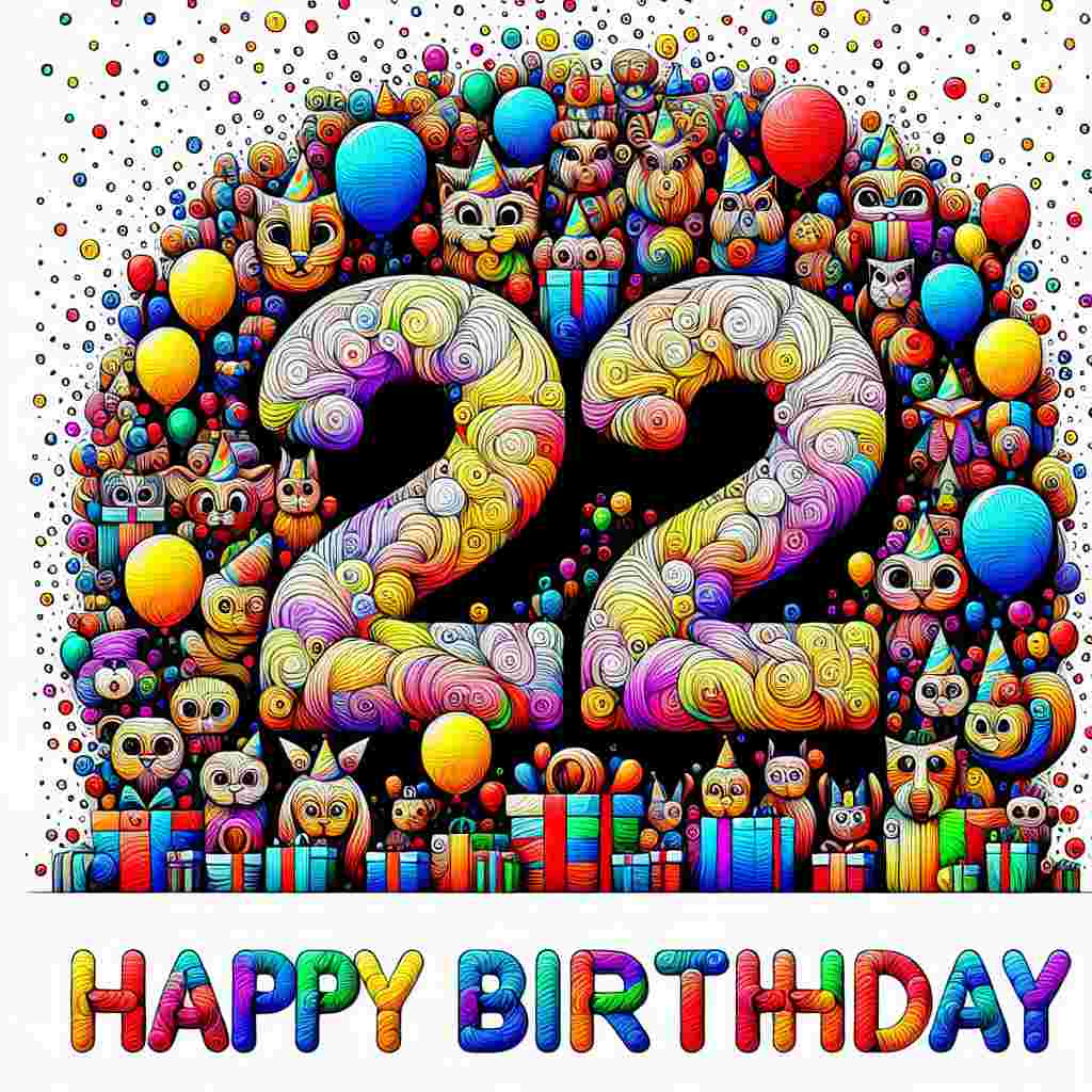 A cheerful scene with a large, colorful '22' in the center, made out of balloons. Around the number, cartoon animals hold gifts and wear party hats. Confetti scatters across the background, and the 'Happy Birthday' text is displayed in a fun, bold typeface at the bottom.
Generated with these themes: 22th  .
Made with ❤️ by AI.