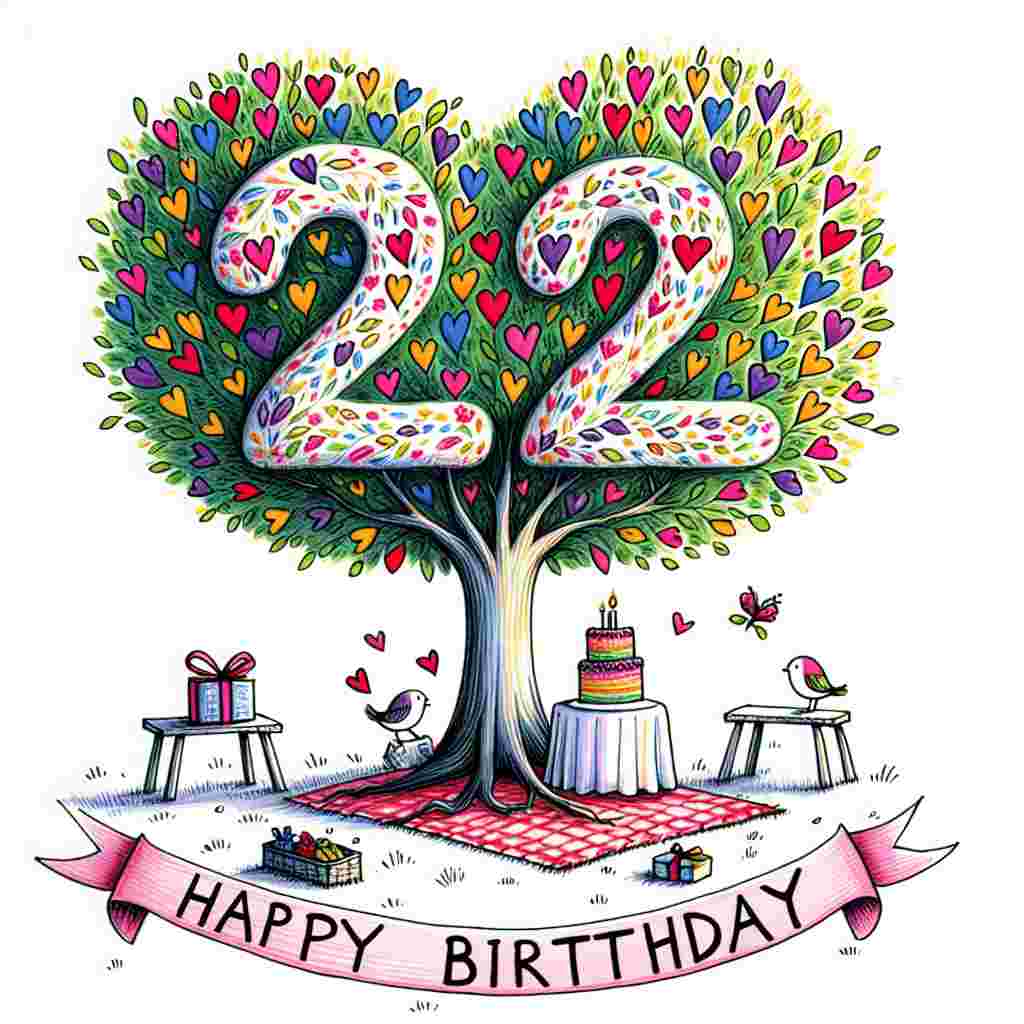 An endearing illustration depicts a tree with leaves made of hearts, and two birds perched on a branch that curves into the shape of '22.' Below the tree, a picnic with a birthday cake is set up, and a banner in front drapes with the inscription 'Happy Birthday' in lively letters.
Generated with these themes: 22th  .
Made with ❤️ by AI.