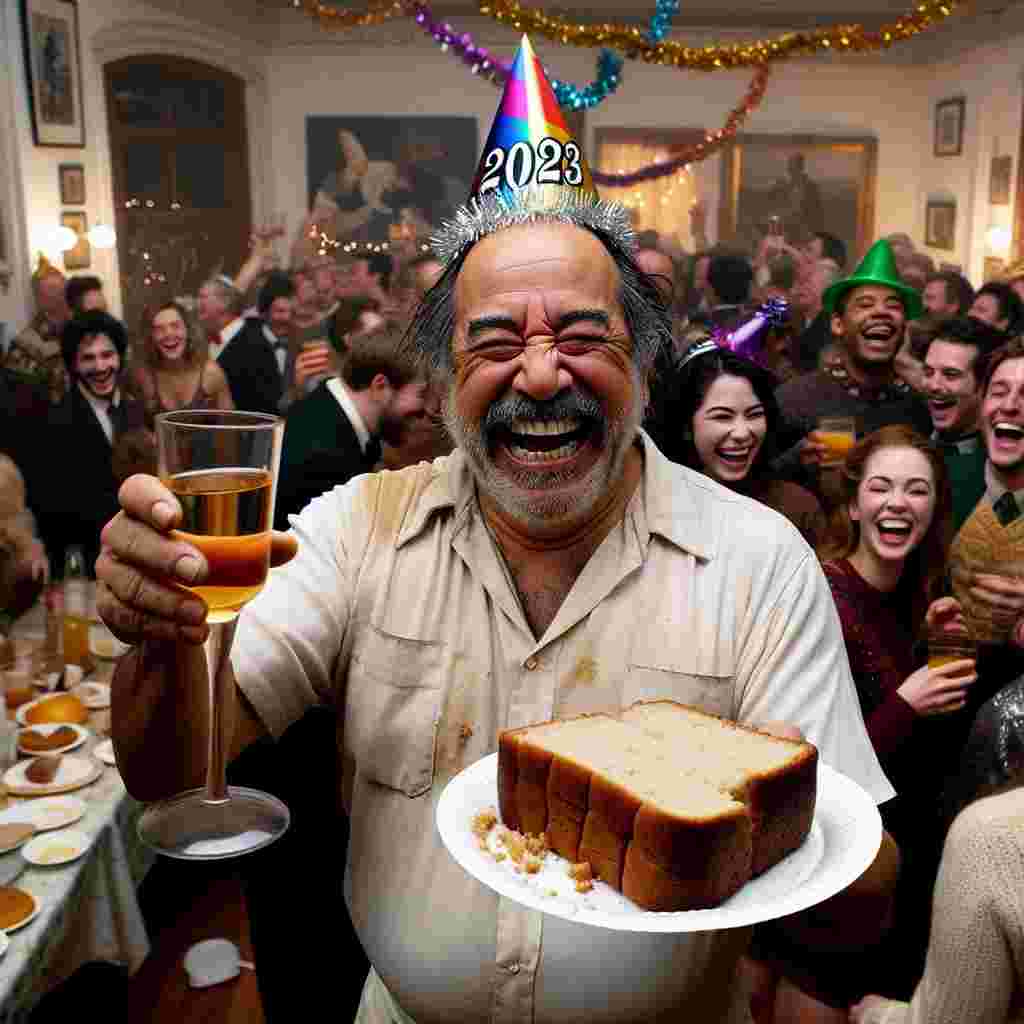 A humorous New Year's Eve scene takes place with a Hispanic man, imbibing in the joy of the season, humorously wearing a party hat marked with 2023. In the crowded room echoing laughter and festivity, he makes an uncommon toast, not with a glass, but amusingly holding a loaf of banana bread. The delicious sweetness of the bread permeates the air, mixing with the diverse scents of the party. His broad smile radiates positivity, making him the surprising centerpiece of the gathering. His peculiar choice of the banana bread 'glass' poetically represents his grounded approach to celebrating fresh starts.
Generated with these themes: Random guy , and Banana bread smiling .
Made with ❤️ by AI.