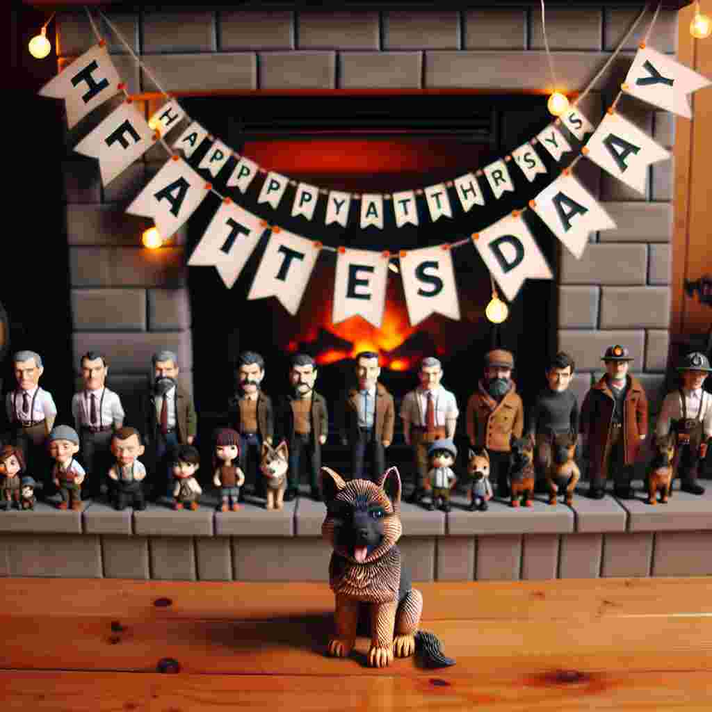 A cozy living room setting featuring a large 'Happy Father's Day' banner strung across the fireplace. On the mantel, there's a collection of small, detailed figurines of original characters, each meticulously painted with different unique characteristics, no one resembling any copyrighted character. Beside these figurines, a German Shepherd puppy sits, its tail wagging, wearing a tiny tool belt and a hat similar to that which a heating engineer might wear. The warm ambiance of the room is complemented by the soft, glowing lights suggesting a quiet celebration.
Generated with these themes: Fortnite, Heating engineer , and German shepherd .
Made with ❤️ by AI.