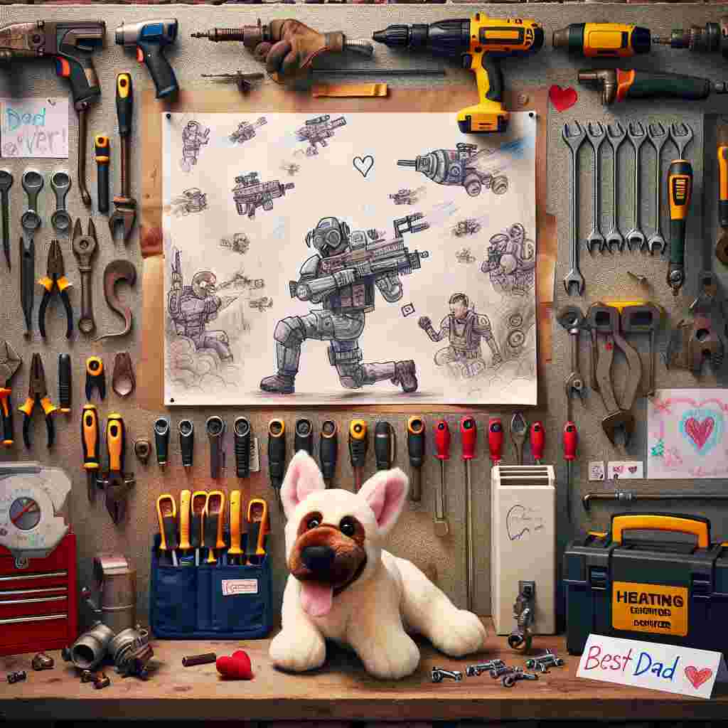 Picture a charming workshop scene filled with numerous heating engineer tools arranged neatly. At the heart of it, there's a child's drawing pinned up, portraying an energetic and whimsical combat scene from a popular multiplayer video game, with the words 'Best Dad Ever' doodled at the bottom in a child's handwriting. Adjacent to the drawing, a plush German Shepherd toy with a mini heating engineer's uniform stands, owning a nametag that reads 'Dad's Little Helper'. Notable details like a heart-shaped grease mark and a Father's Day card amplify the atmosphere of affection in this illustration.
Generated with these themes: Fortnite, Heating engineer , and German shepherd .
Made with ❤️ by AI.