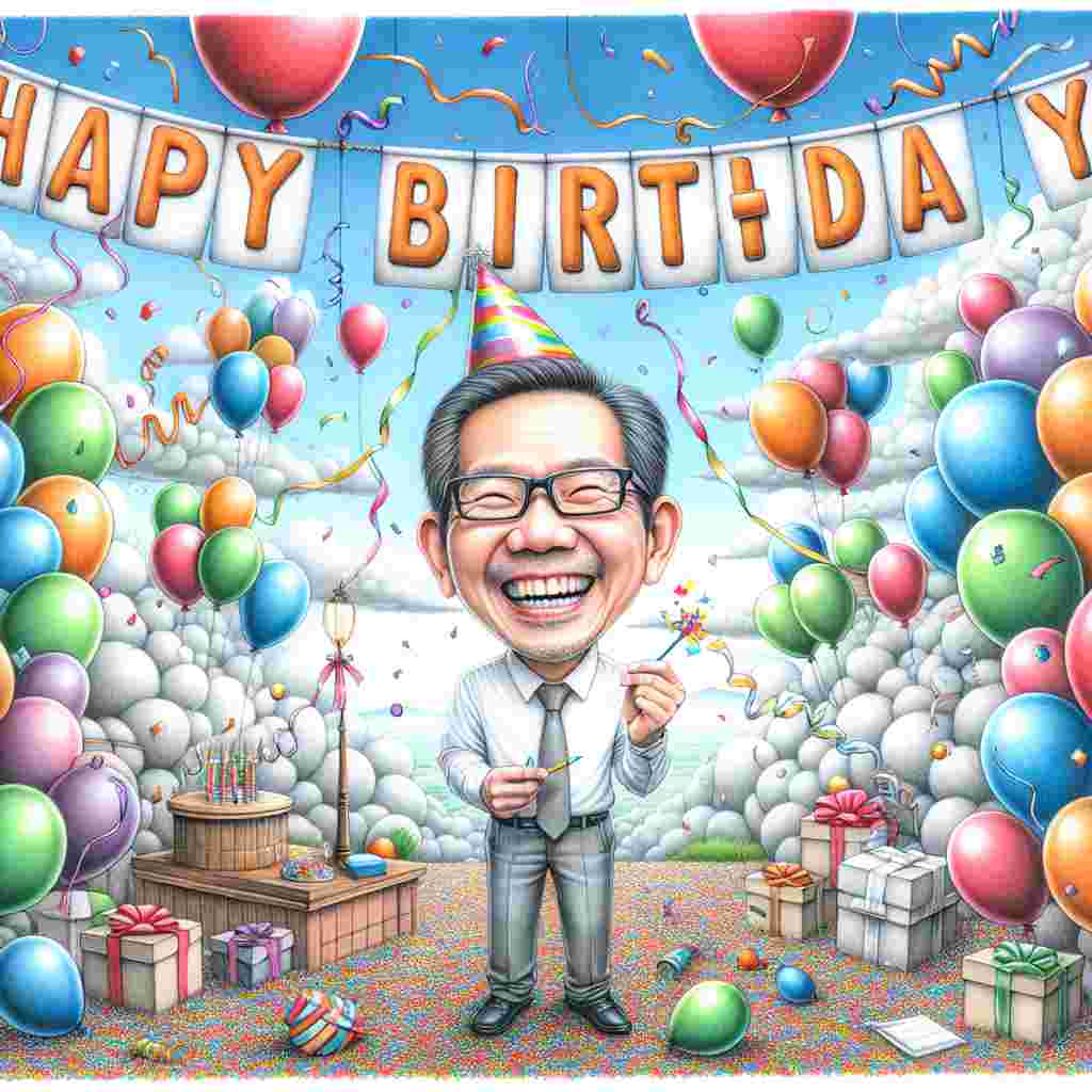 A whimsical drawing features a scene of colorful balloons and streamers in the sky, with a floating banner that reads 'Happy Birthday'. In the center, a caricature of a son in law with a birthday hat is smiling widely. Subtle decorations include a small present and party whistle, putting focus on the son in law character.
Generated with these themes: son in law  .
Made with ❤️ by AI.