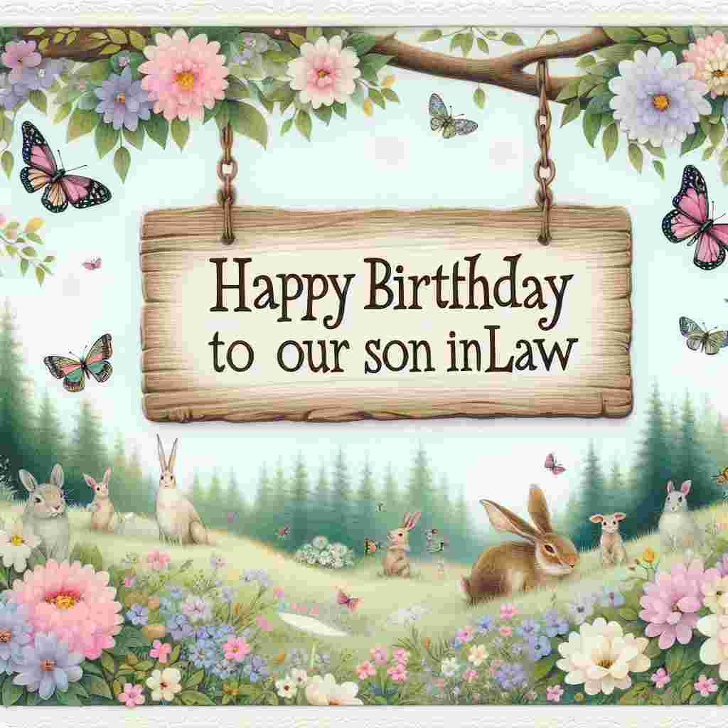 An enchanting birthday card design showing a landscape filled with pastel-hued flowers and butterflies. At the forefront, a rustic wooden sign hangs from a tree branch, with the words 'Happy Birthday to our Son in Law' carved on it, complemented by playful forest creatures gathered around to celebrate.
Generated with these themes: son in law  .
Made with ❤️ by AI.