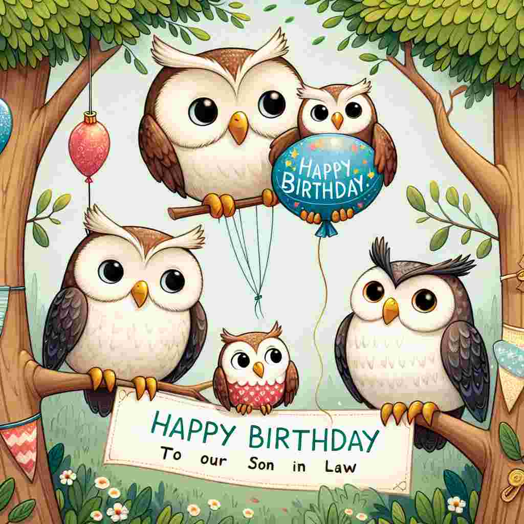 A heartwarming birthday illustration showcasing a family of owls perched on a tree branch. The largest owl has a banner in its beak with 'Happy Birthday' while a smaller owl beside it has a balloon tied to its wing, the balloon has 'To Our Son in Law' printed on it.
Generated with these themes: son in law  .
Made with ❤️ by AI.