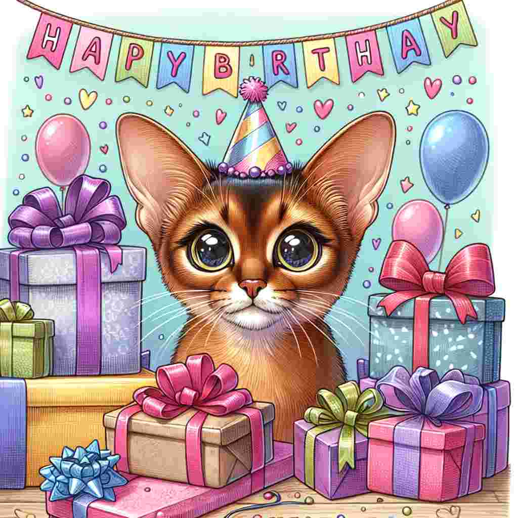 An adorable Abyssinian cat with big, curious eyes peeks out from behind a pile of birthday presents. The scene is detailed with a party banner that reads 'Happy Birthday' dangling above the fluffy feline.
Generated with these themes: Abyssinian Birthday Cards.
Made with ❤️ by AI.