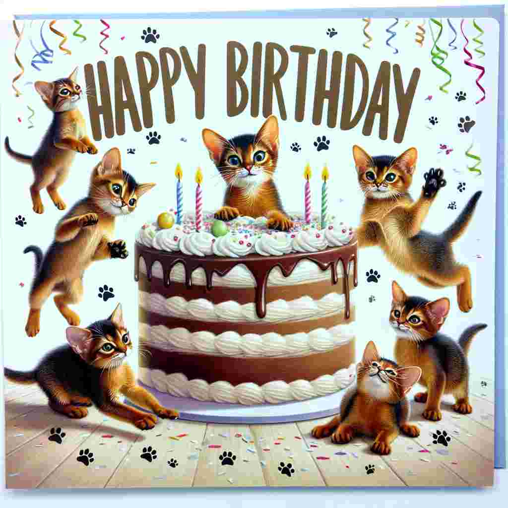 A group of Abyssinian kittens tumble around a giant birthday cake on the card. Tiny paw prints and streamers decorate the edges, with 'Happy Birthday' written cheerily across the top in a fun font.
Generated with these themes: Abyssinian Birthday Cards.
Made with ❤️ by AI.
