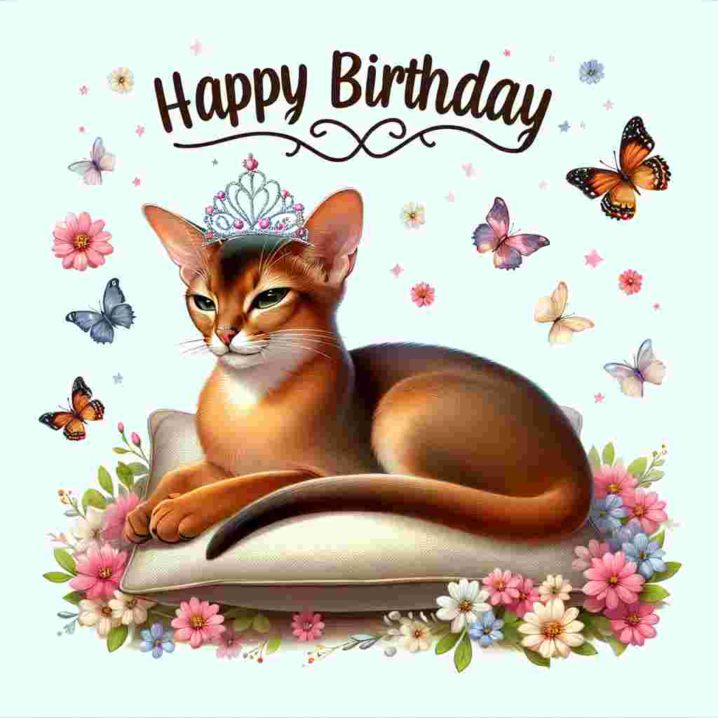 A serene Abyssinian cat sits poised atop a cushion with a birthday tiara on its head. It's surrounded by a spray of flowers and butterflies, with 'Happy Birthday' elegantly scripted below the serene scene.
Generated with these themes: Abyssinian Birthday Cards.
Made with ❤️ by AI.