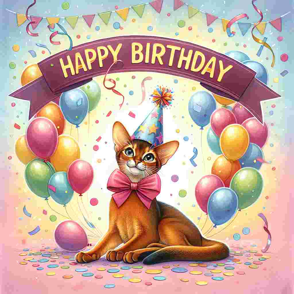 A playful Abyssinian cat wearing a colorful party hat sits in the center of the card, surrounded by balloons and confetti. The words 'Happy Birthday' arch above it in festive, bold lettering against a pastel background.
Generated with these themes: Abyssinian Birthday Cards.
Made with ❤️ by AI.