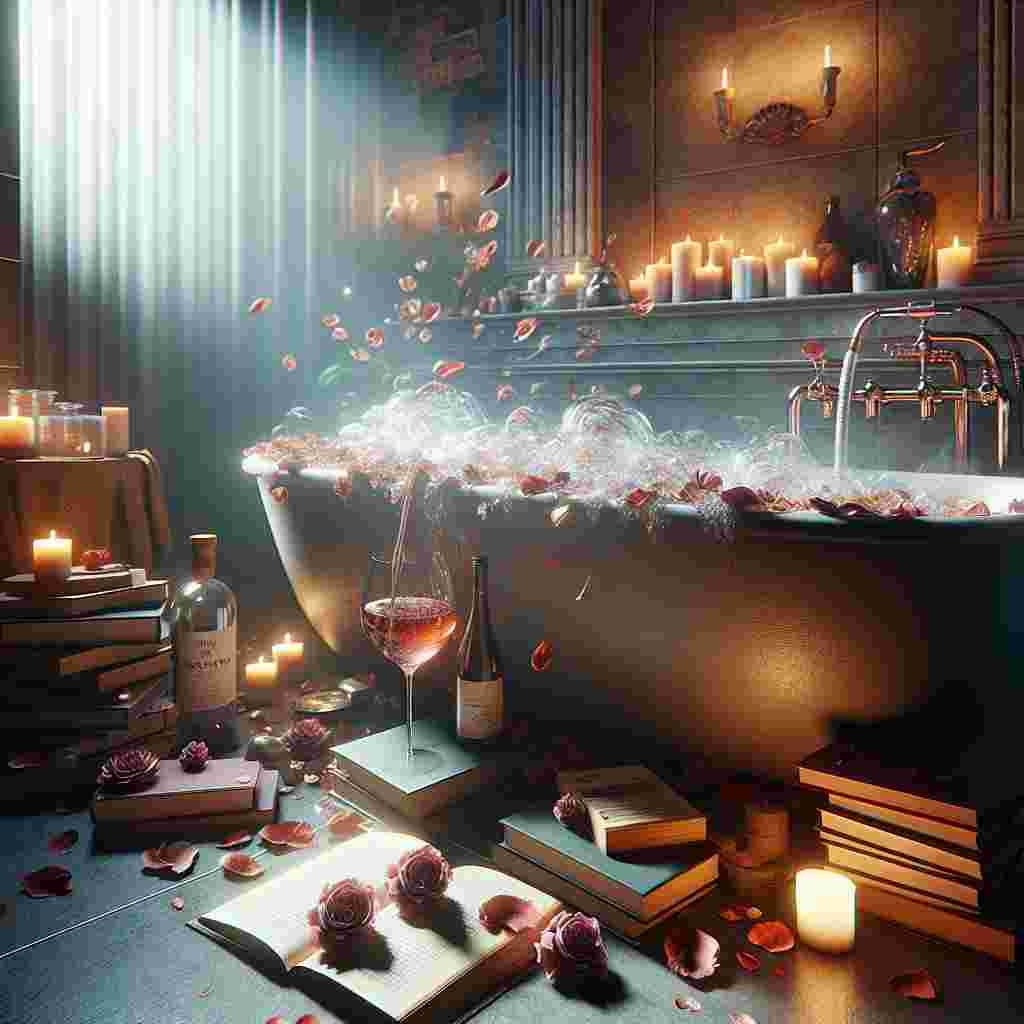 Depict an image of a lavish bathroom that seems to merge the coziness of a home with the luxury of a spa. Feature an overflowing bath filled with fragrant petals. Beside the bathtub, there is a pile of books that contain stories of adventure and romance. An ethereal glow illuminates the bathroom, casting light on various unbranded everyday essential products, making them appear artistic. A glass filled halfway with quality wine is delicately resting on the bath's edge, its aroma of oak and berries mixing with the steamy environment. In the distant background, the melody of a musical can be heard, contributing to the tranquil atmosphere of the bathroom.
Generated with these themes: Baths, Books, Tesco, Wine, and Musicals.
Made with ❤️ by AI.