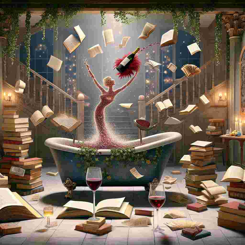 In a whimsical setting, one can hear the soft symphony of Broadway-style music filling the surroundings. Various books are levitating playfully, their pages fluttering in concert with the melody. On an antique table, a solitary bottle of wine, adorned with a feather boa, seems to be conducting its own spectacle, the red wine twirling gracefully into glasses beneath. The grand bathtub has been transformed into a storytelling fountain, encompassed by overgrown vines, emitting echoes of joyful laughter and precious remembrances. The water it contains seems to have absorbed the soul of each book around. Imaginations of grocery shopping adventures come and go like the wine in the glasses, symbolizing the universal connection shared among mothers.
Generated with these themes: Baths, Books, Tesco, Wine, and Musicals.
Made with ❤️ by AI.