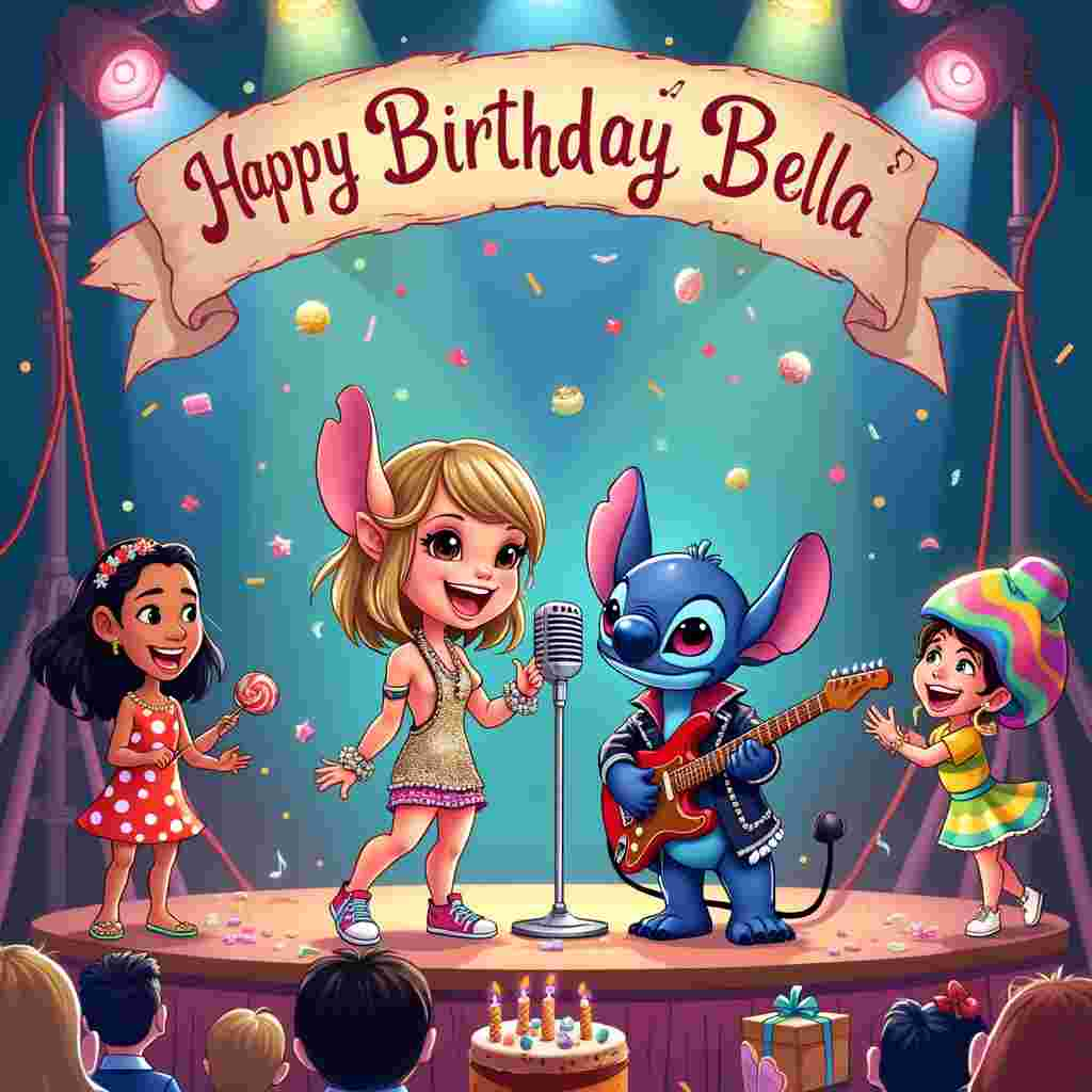 In the center of the greeting card, a vibrant, cartoon stage is set with colorful spotlights casting playful hues across the scene. On stage, Taylor Swift and Stitch stand side by side, sharing a single, old-school silver microphone. Taylor is depicted in one of her iconic sequined outfits, while Stitch sports a rockstar jacket with patches and spikes, holding a tiny electric guitar. They are both animated in mid-performance, Taylor strumming a guitar and Stitch belting out an enthusiastic note, his large ears perked up with excitement.

Behind them, a big, whimsical birthday banner arcs across the stage backdrop, with the words "Happy Birthday Bella" written in large, looping, pastel-colored letters, adorned with musical notes and confetti. To the left side of the stage, Lilo stands with her camera, capturing the moment, dressed in her classic red dress with white leaf patterns. She's grinning widely, her dark hair decorated with a colorful flower crown.

On the right side of the stage, Katy Perry is depicted in her candy-themed outfit, reminiscent of her "California Gurls" music video, complete with a vibrant wig and playful candy accessories. She's holding a giant lollipop in one hand and a sparkling tambourine in the other, adding to the festive atmosphere. Behind her, a candy-striped set piece adds an extra splash of color to the background.

The audience is filled with a diverse crowd of cartoon characters, all cheering and clapping, with some holding signs that say "We Love You Bella!" and "Rock On!" In the foreground, there are scattered birthday presents wrapped in shiny, bright paper with oversized bows, and a birthday cake with candles ready to be blown out.

The art style combines the whimsical charm of Charles Schulz’s characters with the expressive dynamism of Bill Watterson’s scenes, sprinkled with the detailed backgrounds reminiscent of Hergé’s Tintin comics. The scene is a bustling, celebratory blend of Disney magic and playful surrealism, ensuring that it is a unique and memorable birthday card front cover.
Generated with these themes: Taylor swift and Stitch signing on a stage together with Lilo and Katy Perry in the background. Also put happy birthday Bella on the background.
Made with ❤️ by AI.