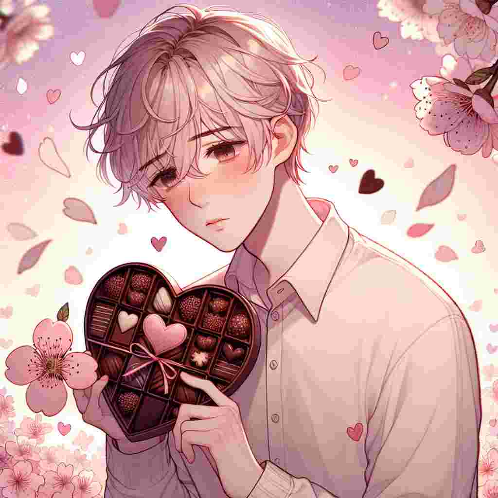 In this captivating Valentine's Day-themed illustration, a young man with light hair stands at the center, humbly showcasing a handcrafted chocolate in the shape of a heart. The soft blush on his cheeks contrasts against his pale hair as petals from cherry blossoms cascade like confetti around him. The background transitions gracefully from a creamy pink to a tender violet, and tiny, doodled hearts linger around the youth, emphasising the affectionate atmosphere of the holiday.
Generated with these themes: Muichiro tokito.
Made with ❤️ by AI.