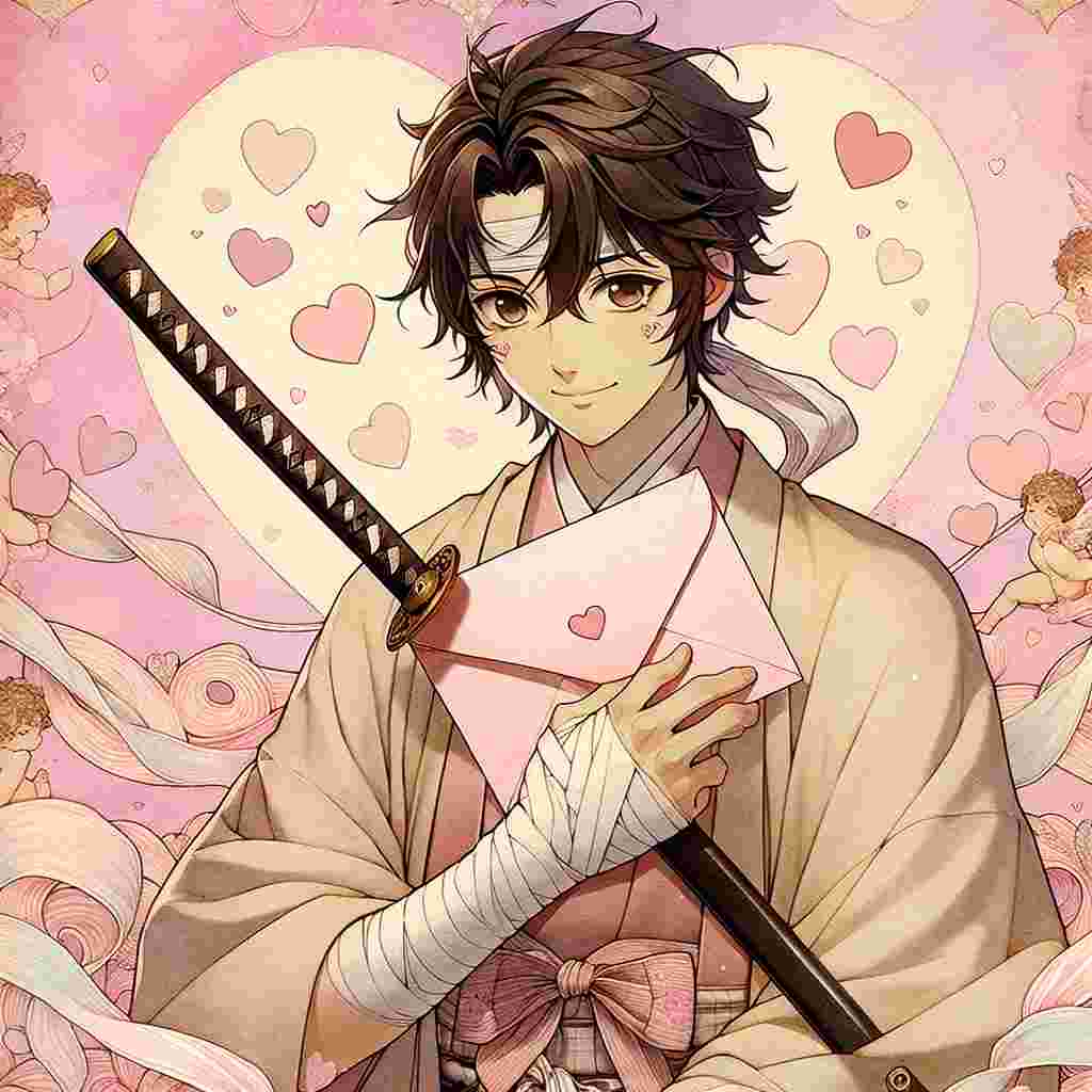 A picturesque depiction of a young man with a katana, inspired by traditional anime aesthetics. He is enveloped by a swirl of pastel hearts, his usual firm expression softened into a warm grin. The man is holding a delicate, blush-colored envelope sealed with a love heart, symbolising a romantic letter for Valentine's day. The backdrop is brushed in soft shades of pink and lilac, with subtle, whimsical outlines of cherubs and ribbons enhancing the tender ambiance of the image.
Generated with these themes: Muichiro tokito.
Made with ❤️ by AI.