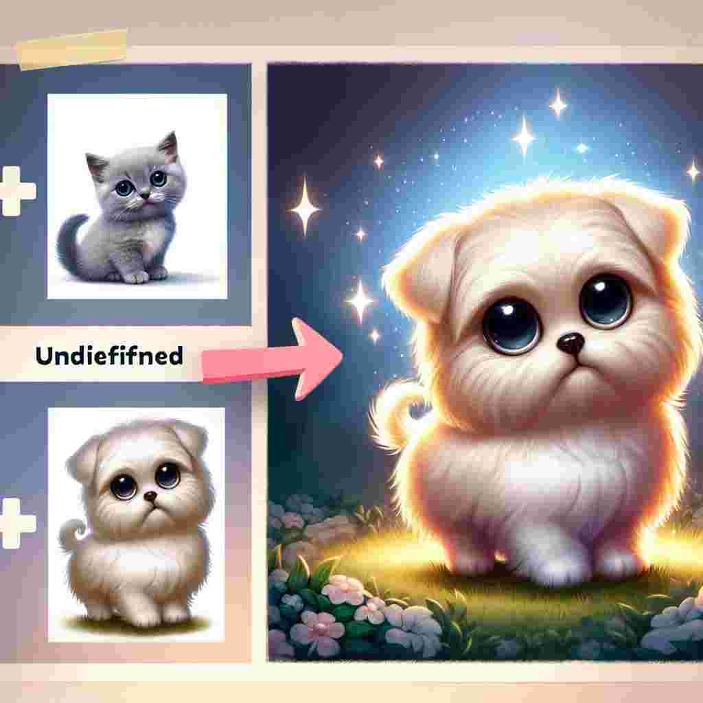 Create a delightful illustration of a hybrid creature in the center of the scene. This creature is a wonderful combination of a kitten and a Maltese dog, resulting in a charming undefined character. The creature has a plush, white coat that seems to sparkle under the luminance of a cartoonish light, and its normal physique insinuates the characteristics of a healthy pet. The creature is further enhanced by its large, glossy black eyes, a feature that exudes an irresistible cuteness and enhances its overall appearance.
.
Made with ❤️ by AI.