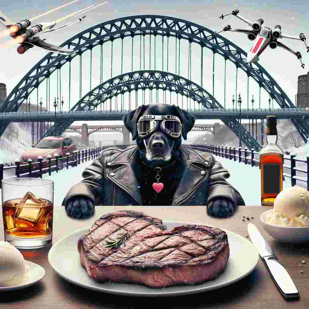 Picture a humorous Valentine's Day scene. A black Labrador, decked out in goggles, has its paws on the handles of a revving sports motorbike. The backdrop consists of the iconic Tyne Bridge, fully covered by a blanket of snow, adding a chilly and romantic ambiance. An X-wing styled spacecraft darts across the sky, introducing an element of science fiction allure. Centrally displayed is a perfectly cooked, heart-shaped steak. Next to it, a glass of whiskey catches the warm reflections of the scene, and a scoop of vanilla ice cream awaits, anticipating a sweet conclusion to the whimsical date.
Generated with these themes: Black Labrador riding sports motorbike, Tyne bridge, X wing, Snow, Heart shaped steak, Whiskey, and Vanilla ice cream.
Made with ❤️ by AI.
